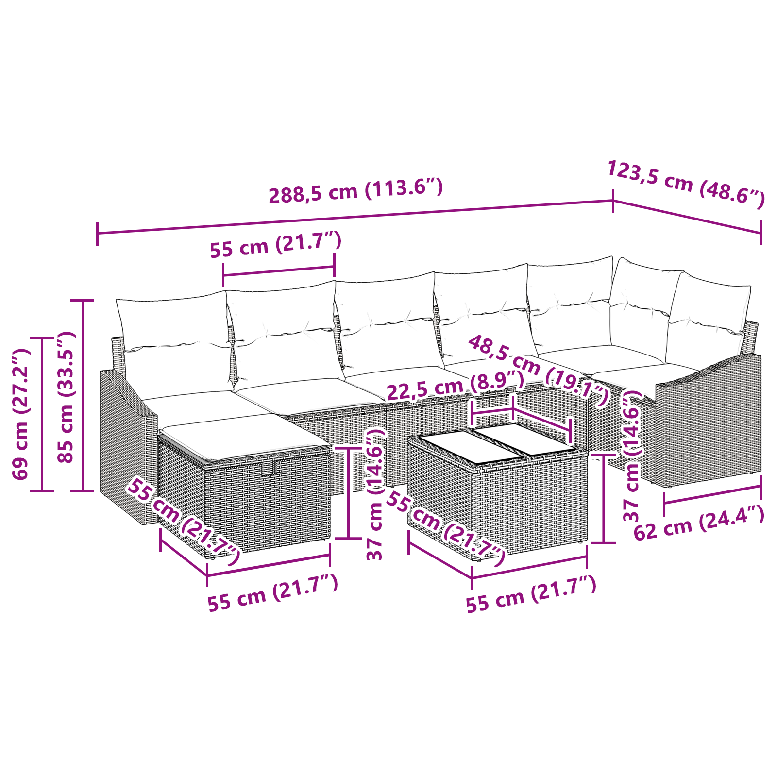 Set canapea grădină de 8 piese cu perne gri închis din ratan poli GartenMobel Dekor