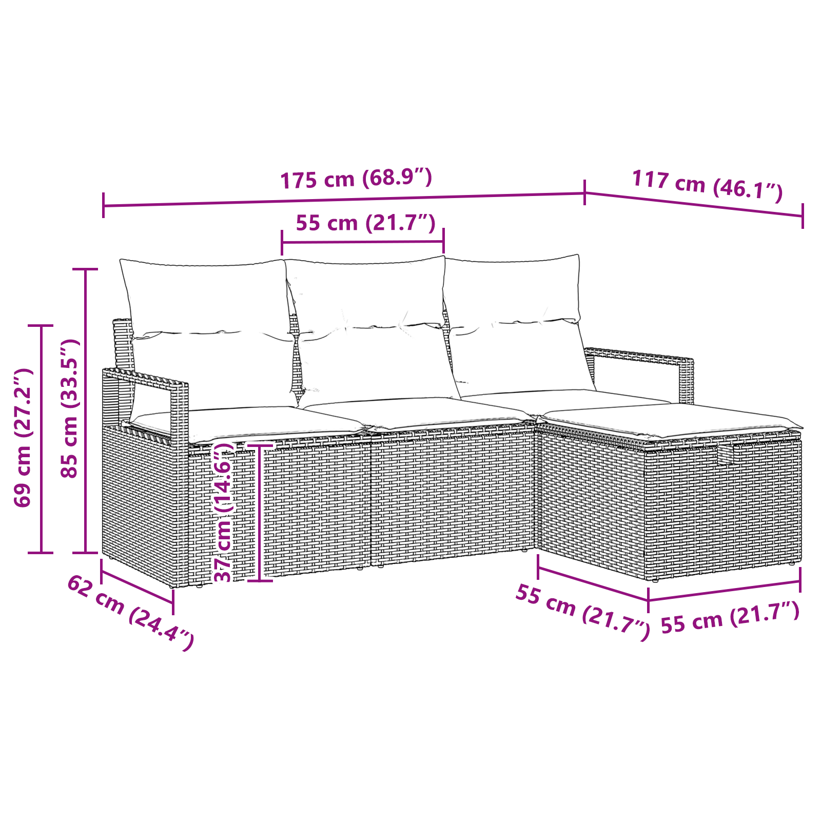 Set de canapele de grădină 4 Piese cu Perne Negru Ratan Poliester, Canapea de grădină 2-Șezătoare cu Perne Negru Ratan Poliester GartenMobel Dekor