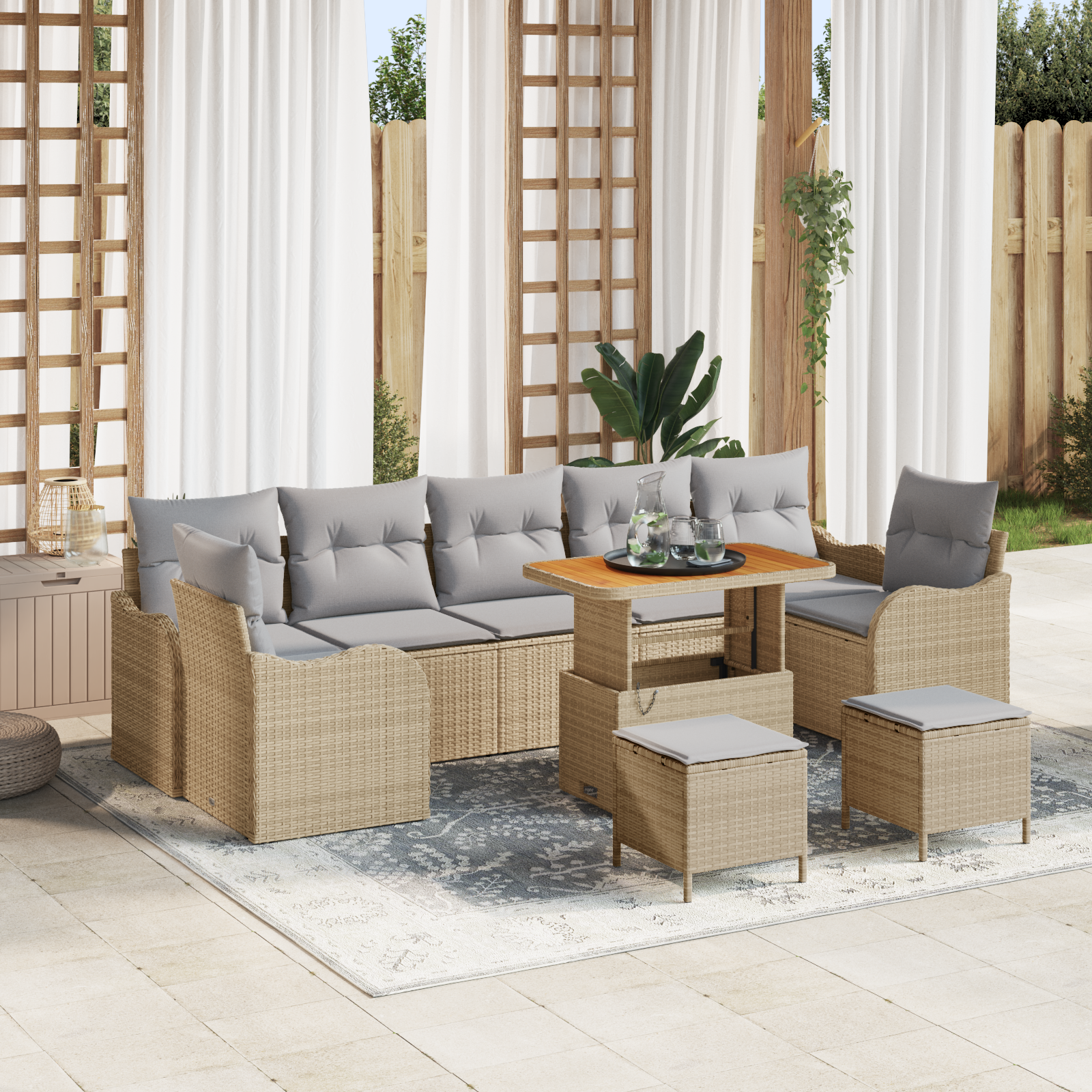 Set de 10 Piese de Sofa pentru Grădină cu Perne Bej din Ratan PE Acacia GartenMobel Dekor