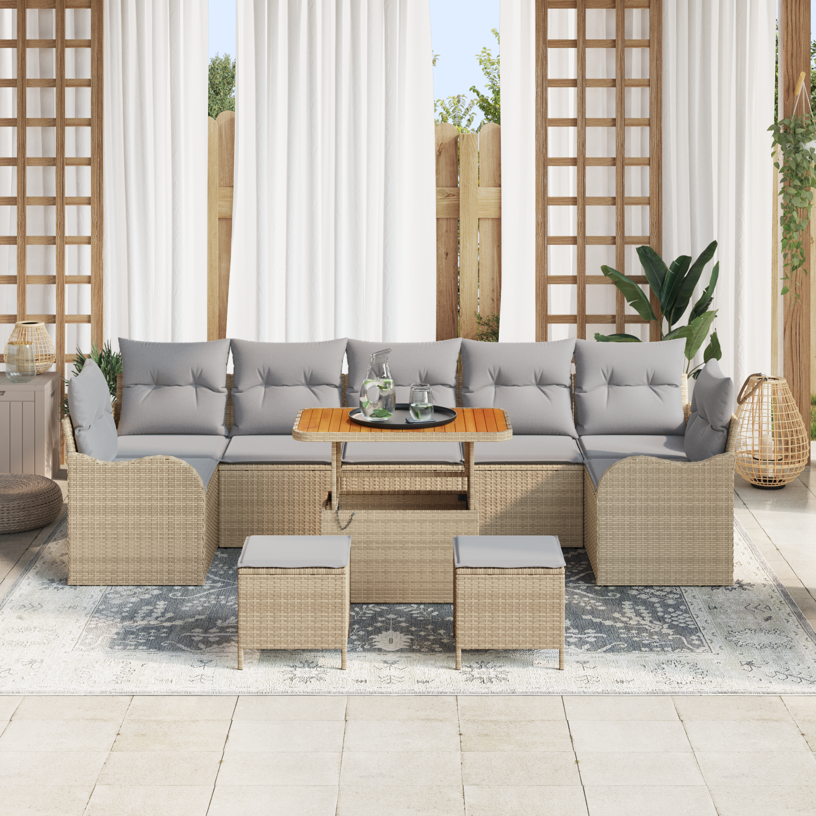 Set de 10 Piese de Sofa pentru Grădină cu Perne Bej din Ratan PE Acacia GartenMobel Dekor