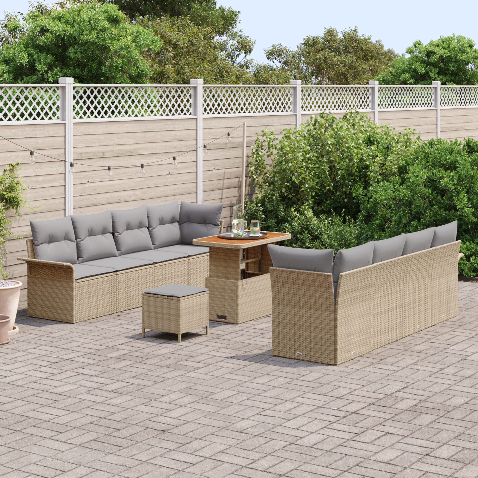 Set de Sofa pentru Grădină cu Perne Bej Ratan Poli Acacia de 11 Piese GartenMobel Dekor