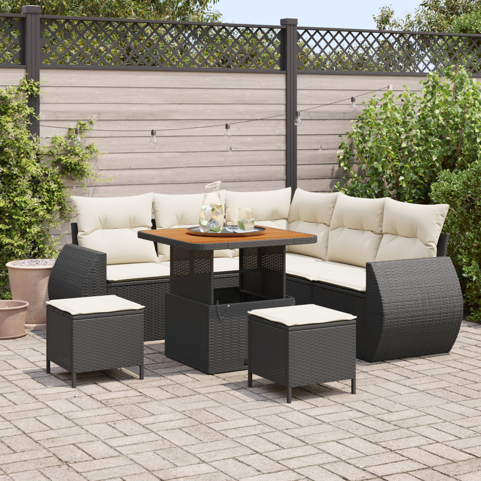 Set Canapea Grădină 8 Piese cu Perne Negru Ratan Polimeric Acacia, Set Dining Grădină 3 Piese cu Perne Negru Ratan Polimeric Acacia GartenMobel Dekor