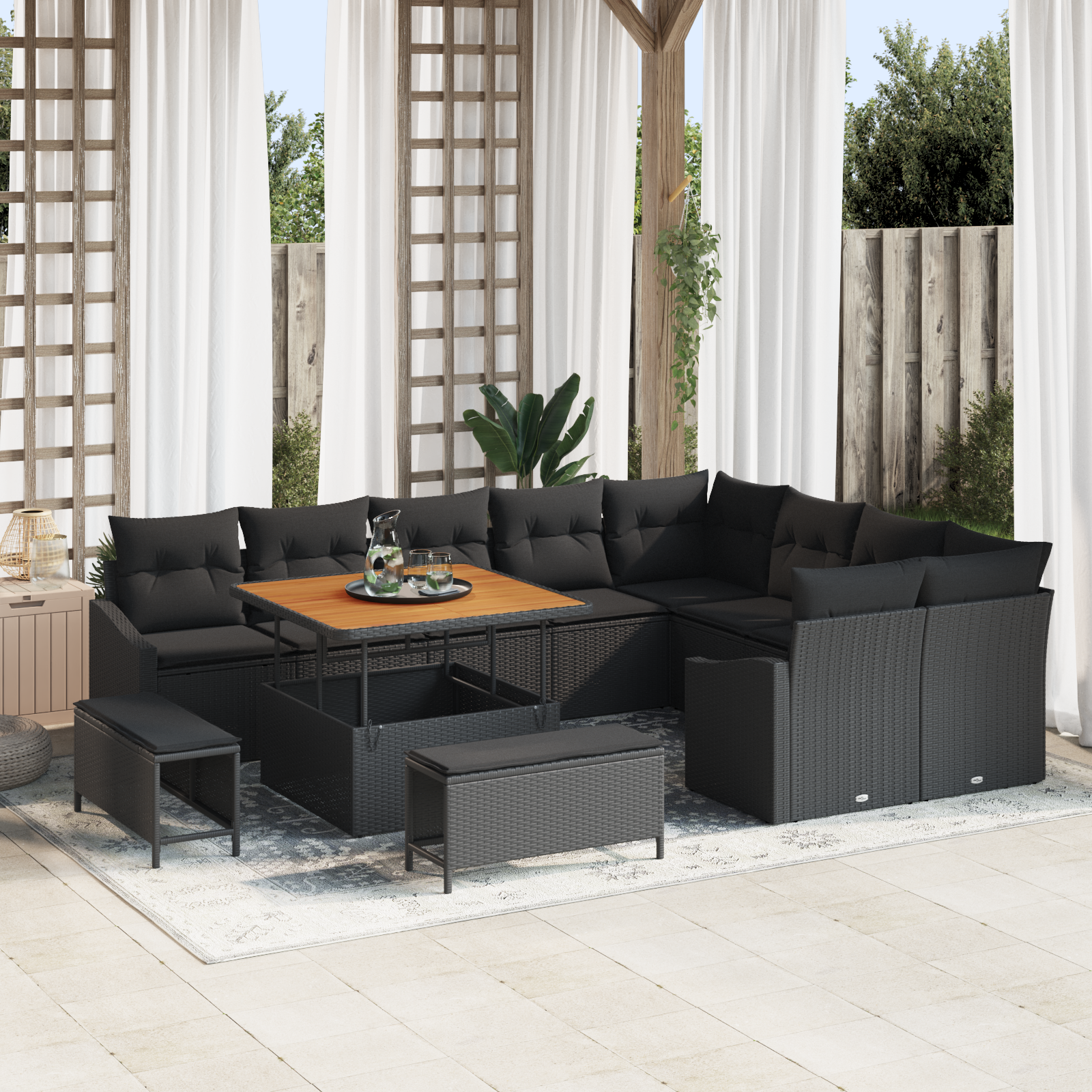 Set Canapea Grădină cu 12 Piese și Perne Ratan Poli Negru, Set Dining Grădină cu 3 Piese și Perne Ratan Poli Negru, Canapea Grădină 2 Persoane cu Perne Ratan Poli Negru GartenMobel Dekor