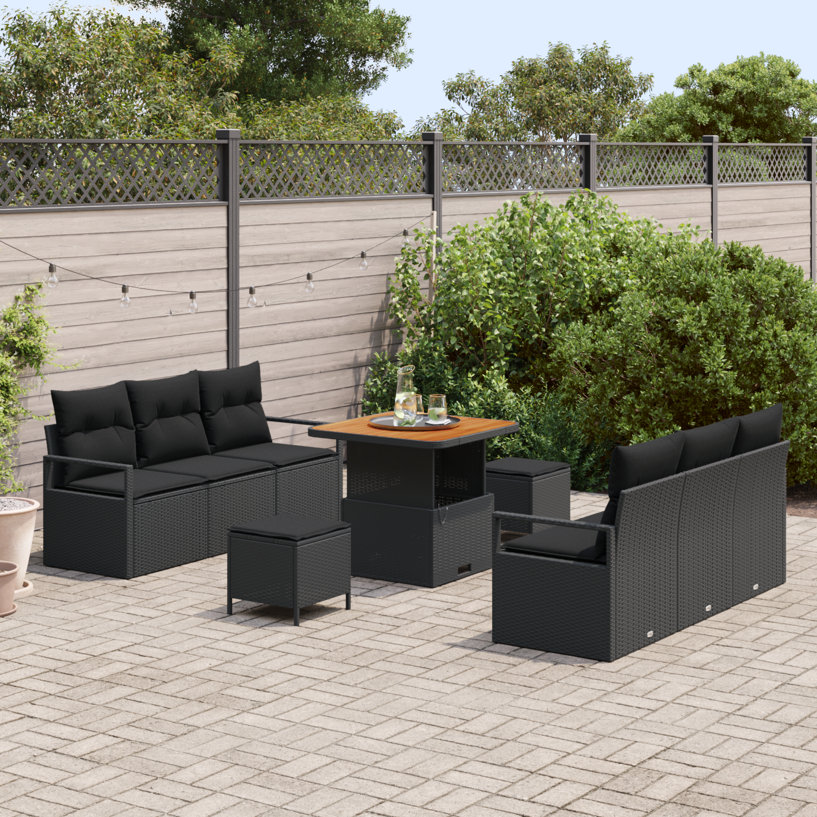 Set Canapea Grădină cu 9 Piese și Perne Ratan Poly Negru Acacia, Canapea Grădină cu 2 Locuri cu Perne Ratan Poly Negru, Set Dining Grădină cu 3 Piese și Perne Ratan Poly Negru Acacia GartenMobel Dekor