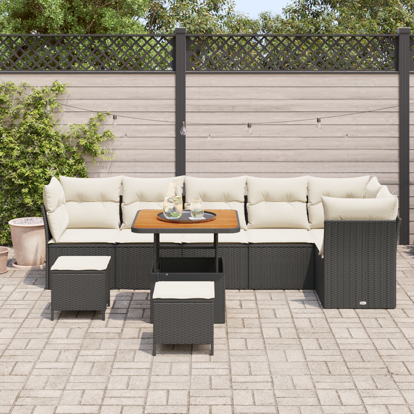 Set canapea de grădină cu 9 piese cu perne Negru Ratan Poly Acacia, Set de dining de grădină cu 3 piese cu perne Negru Ratan Poly Acacia GartenMobel Dekor