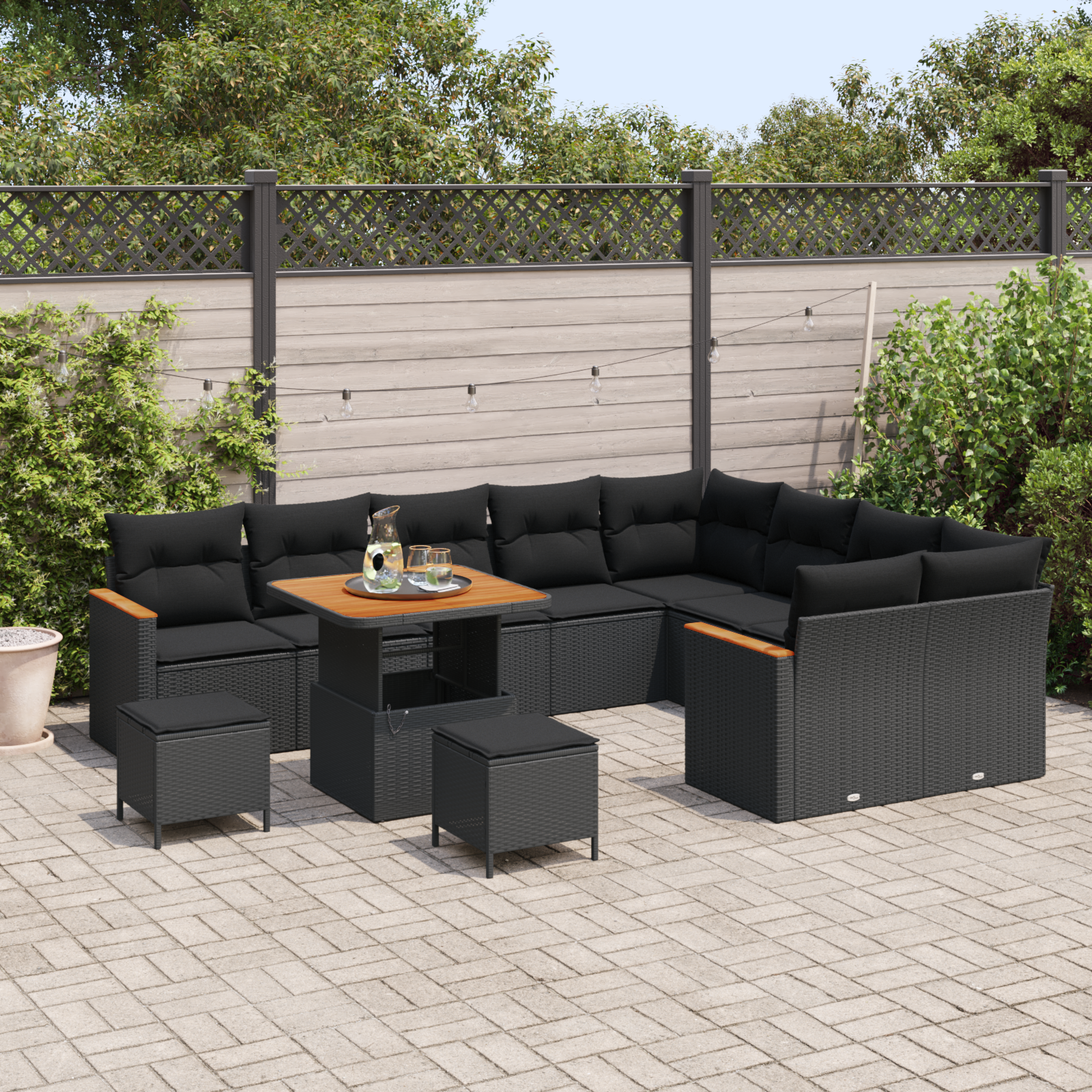 Set canapea grădină 12 piese cu perne negru poliratan acacia, Set dining grădină 3 piese cu perne negru poliratan acacia GartenMobel Dekor