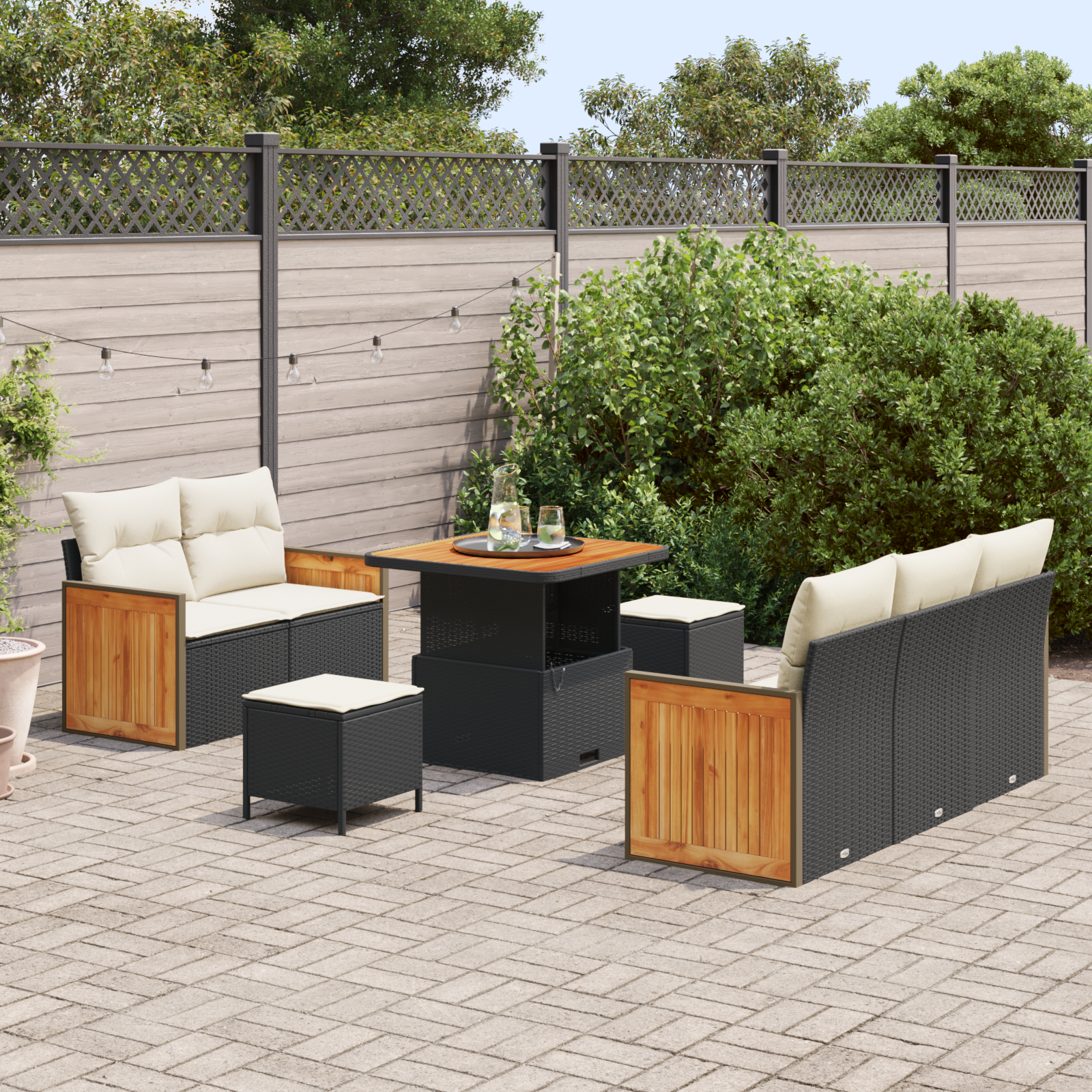 Set canapea grădină 8 piese cu perne negru ratan polimer acacia, Canapea grădină 2 locuri cu perne negru ratan polimer, Set dining grădină 3 piese cu perne negru ratan polimer acacia GartenMobel Dekor