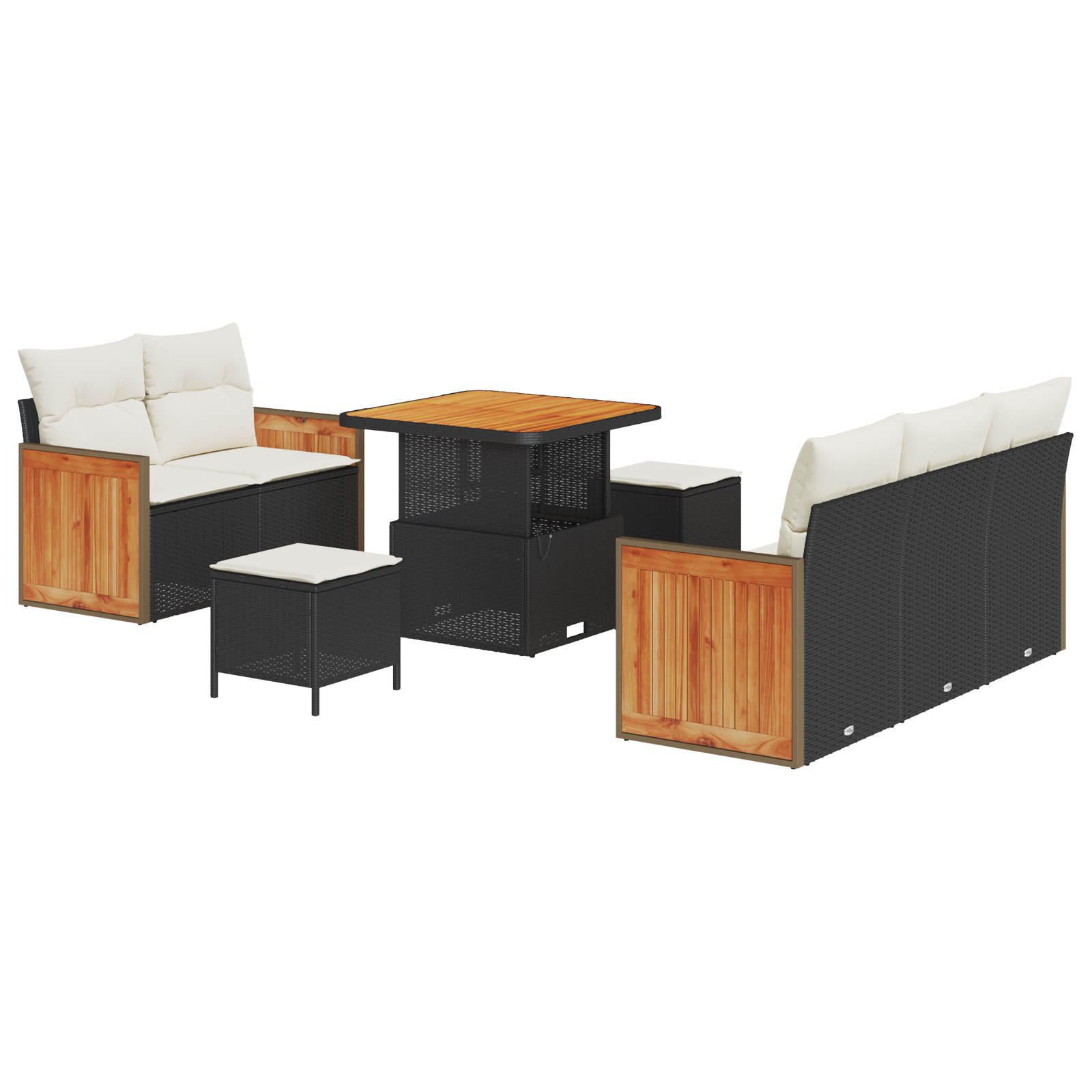 Set canapea grădină 8 piese cu perne negru ratan polimer acacia, Canapea grădină 2 locuri cu perne negru ratan polimer, Set dining grădină 3 piese cu perne negru ratan polimer acacia GartenMobel Dekor