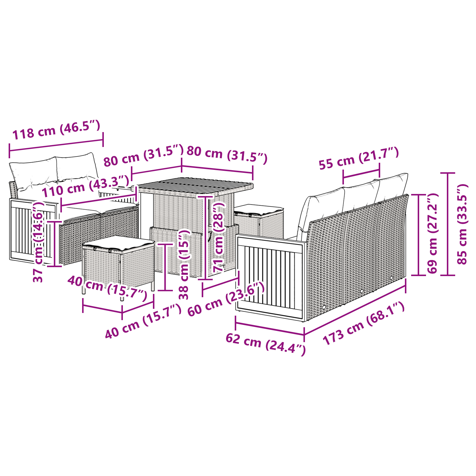 Set canapea grădină 8 piese cu perne negru ratan polimer acacia, Canapea grădină 2 locuri cu perne negru ratan polimer, Set dining grădină 3 piese cu perne negru ratan polimer acacia GartenMobel Dekor