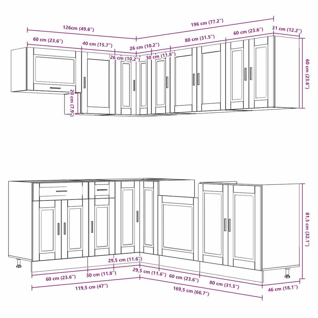 Set dulap de bucătărie 11 piese „Porto” stejar artizanal lemn GartenMobel Dekor