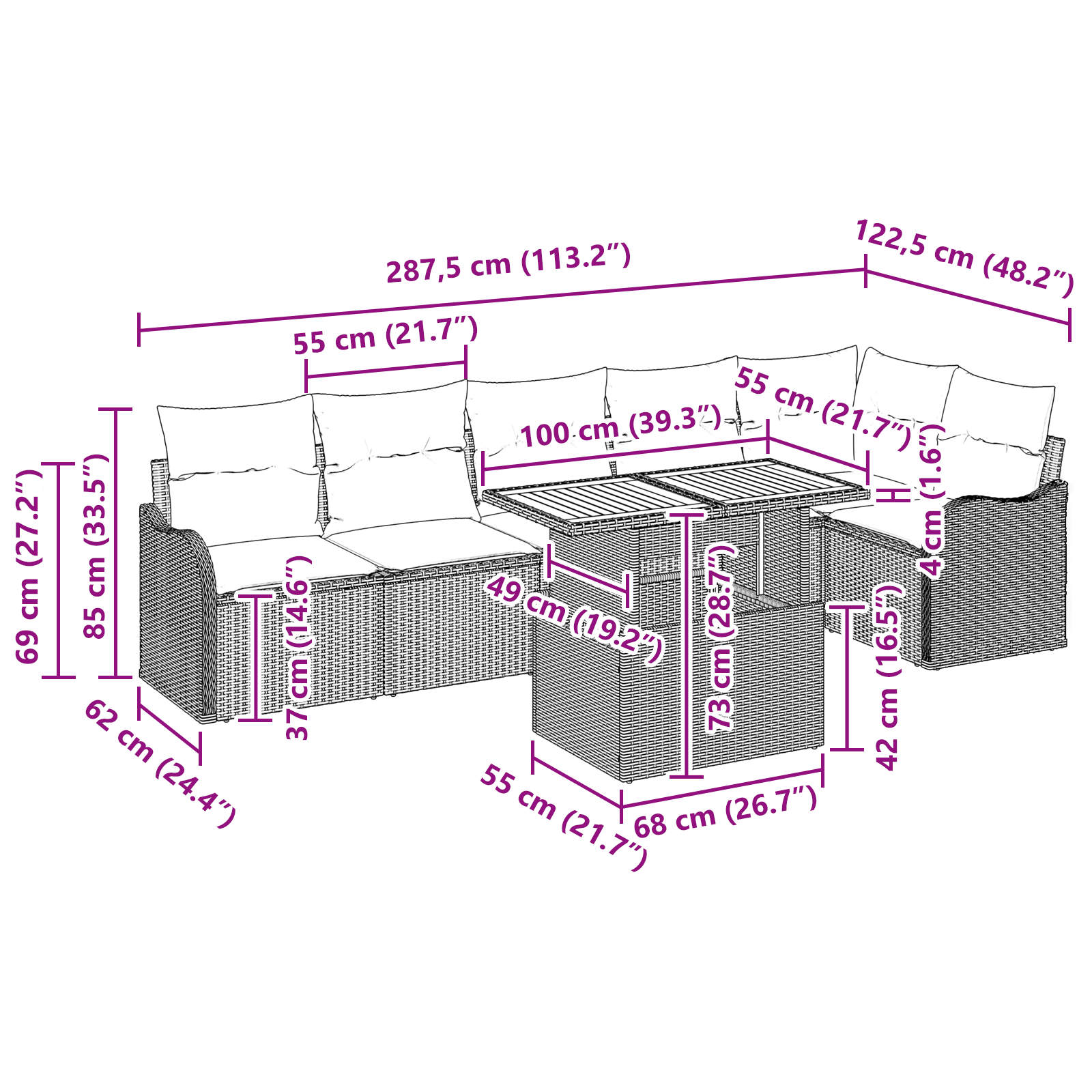 Set canapea grădină 7 piese cu perne Negru Ratan Acacia GartenMobel Dekor