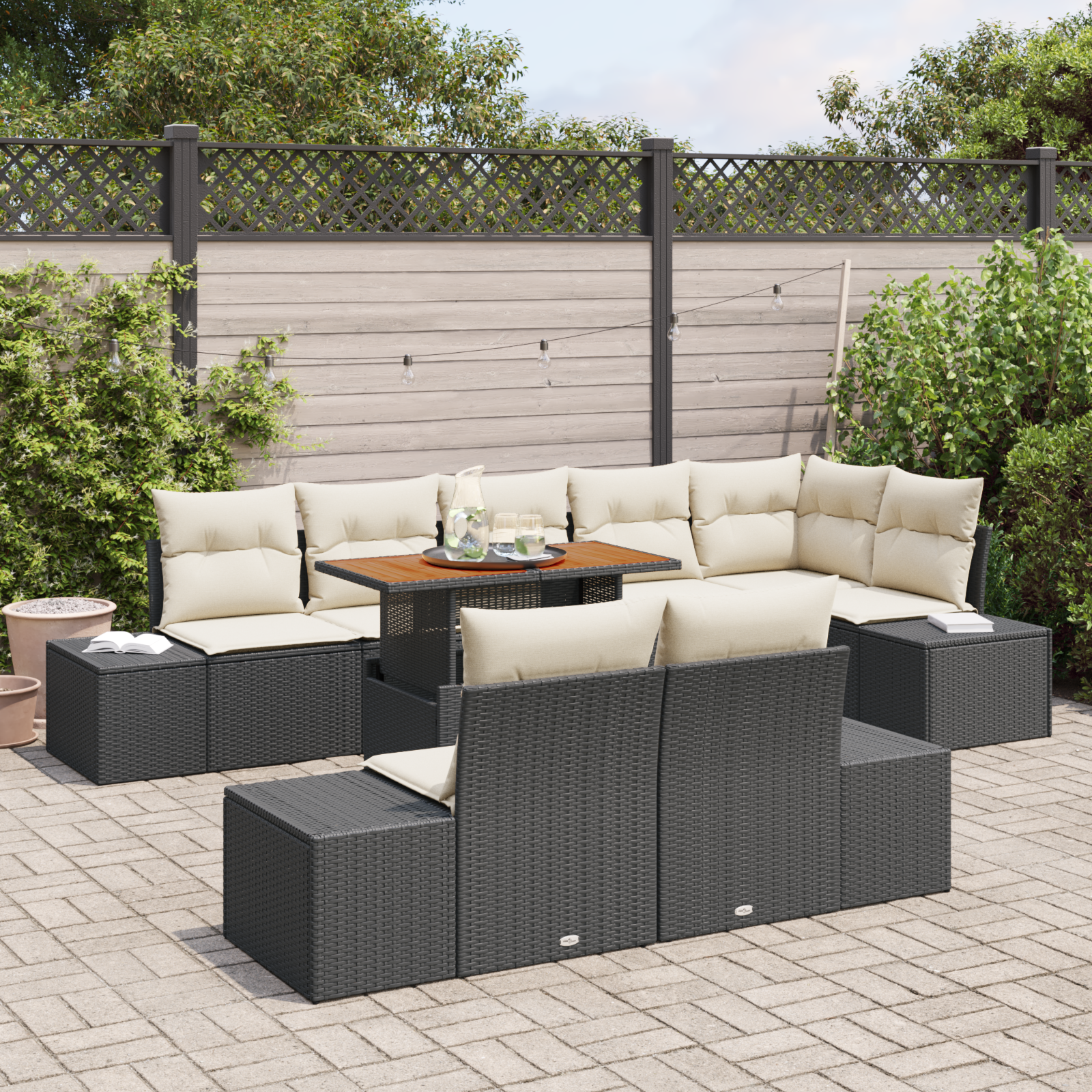 Set de sofa de grădină cu 9 piese și perne negre din ratan poli GartenMobel Dekor