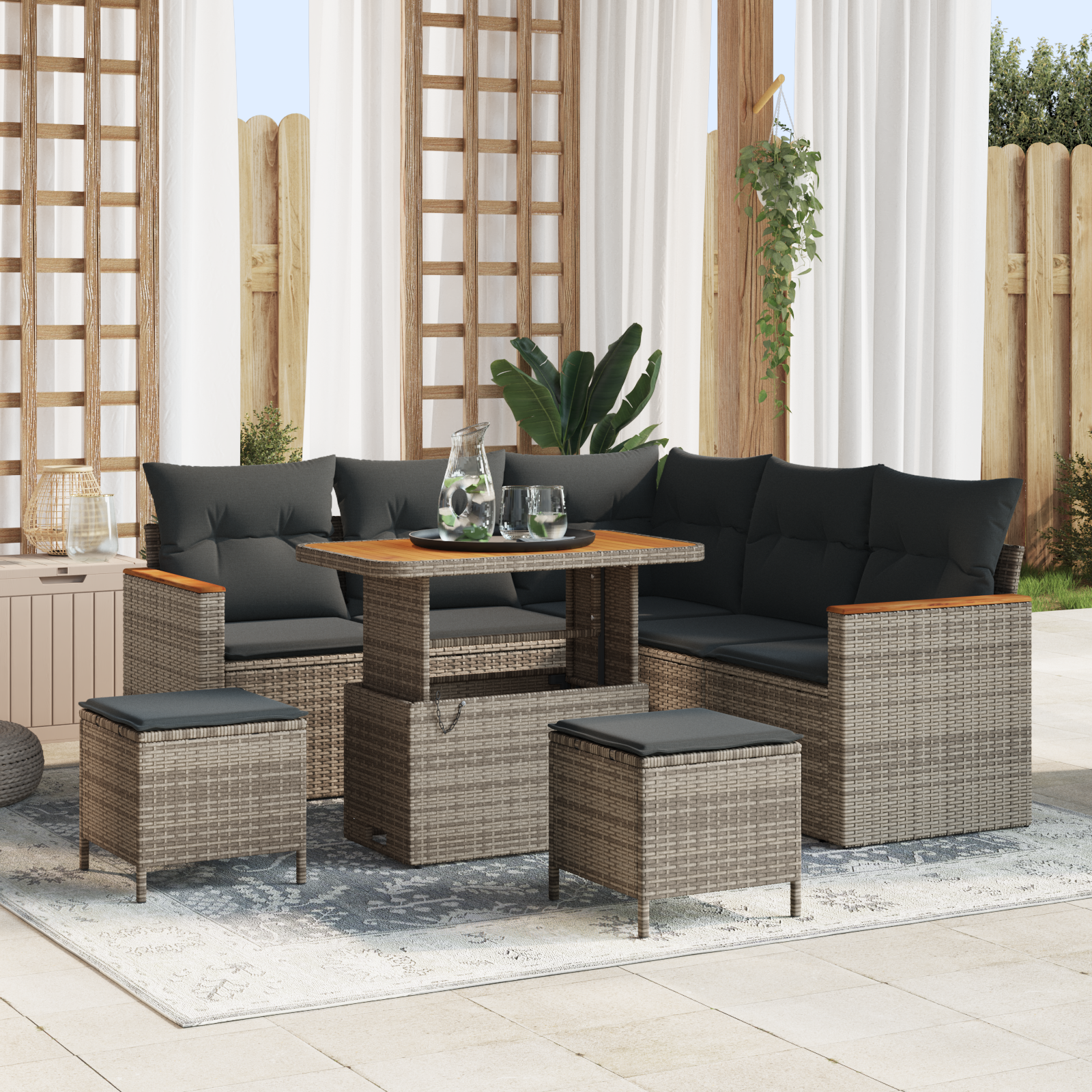 Set Sofa Gradina 8 Piese cu Perne Gri Ratan Polimeric Acacia, Set Masa gradina 3 Piese cu Perne Gri Ratan Polimeric Acacia GartenMobel Dekor