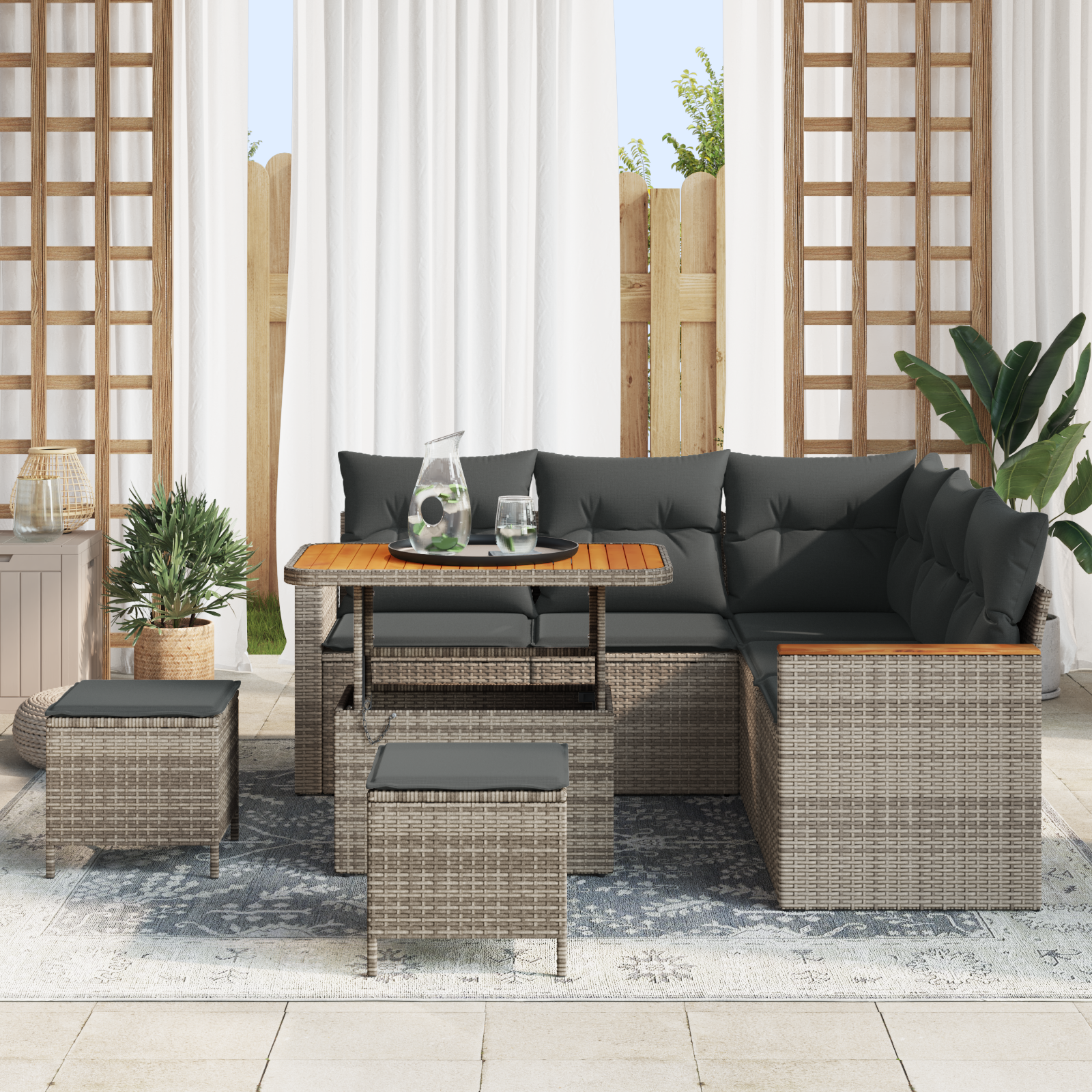 Set Sofa Gradina 8 Piese cu Perne Gri Ratan Polimeric Acacia, Set Masa gradina 3 Piese cu Perne Gri Ratan Polimeric Acacia GartenMobel Dekor