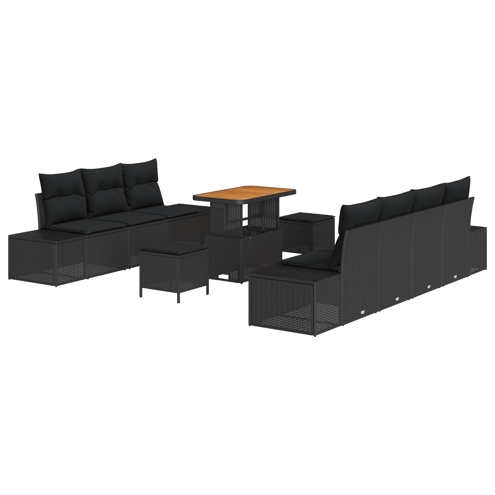 Set de 10 piese sofa de grădină cu perne Negru Poliratan Acacia, Sofa de grădină 2 locuri cu depozitare și perne Negru Poliratan, Set de dining grădină 3 piese cu perne Negru Poliratan Acacia GartenMobel Dekor
