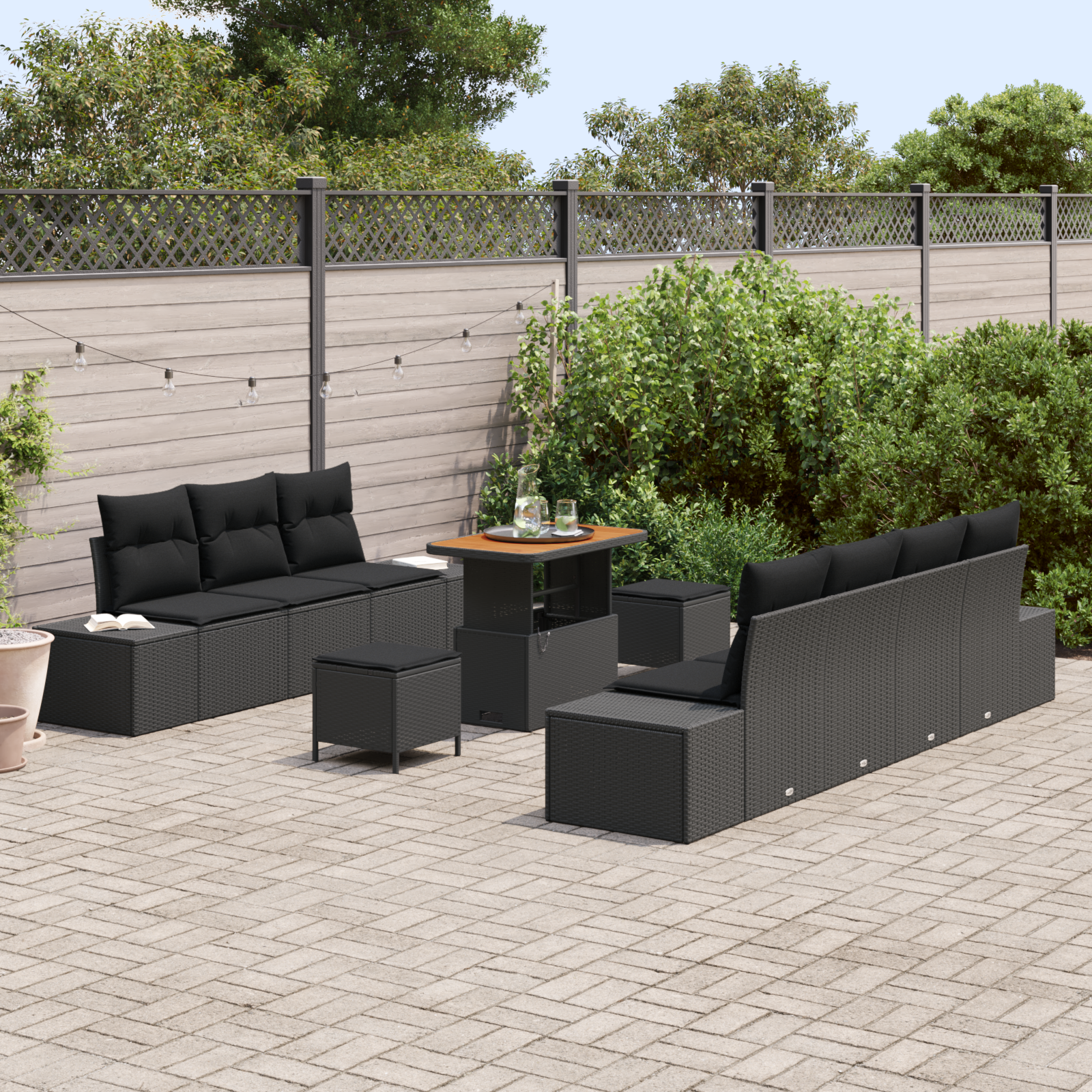 Set de 10 piese sofa de grădină cu perne Negru Poliratan Acacia, Sofa de grădină 2 locuri cu depozitare și perne Negru Poliratan, Set de dining grădină 3 piese cu perne Negru Poliratan Acacia GartenMobel Dekor