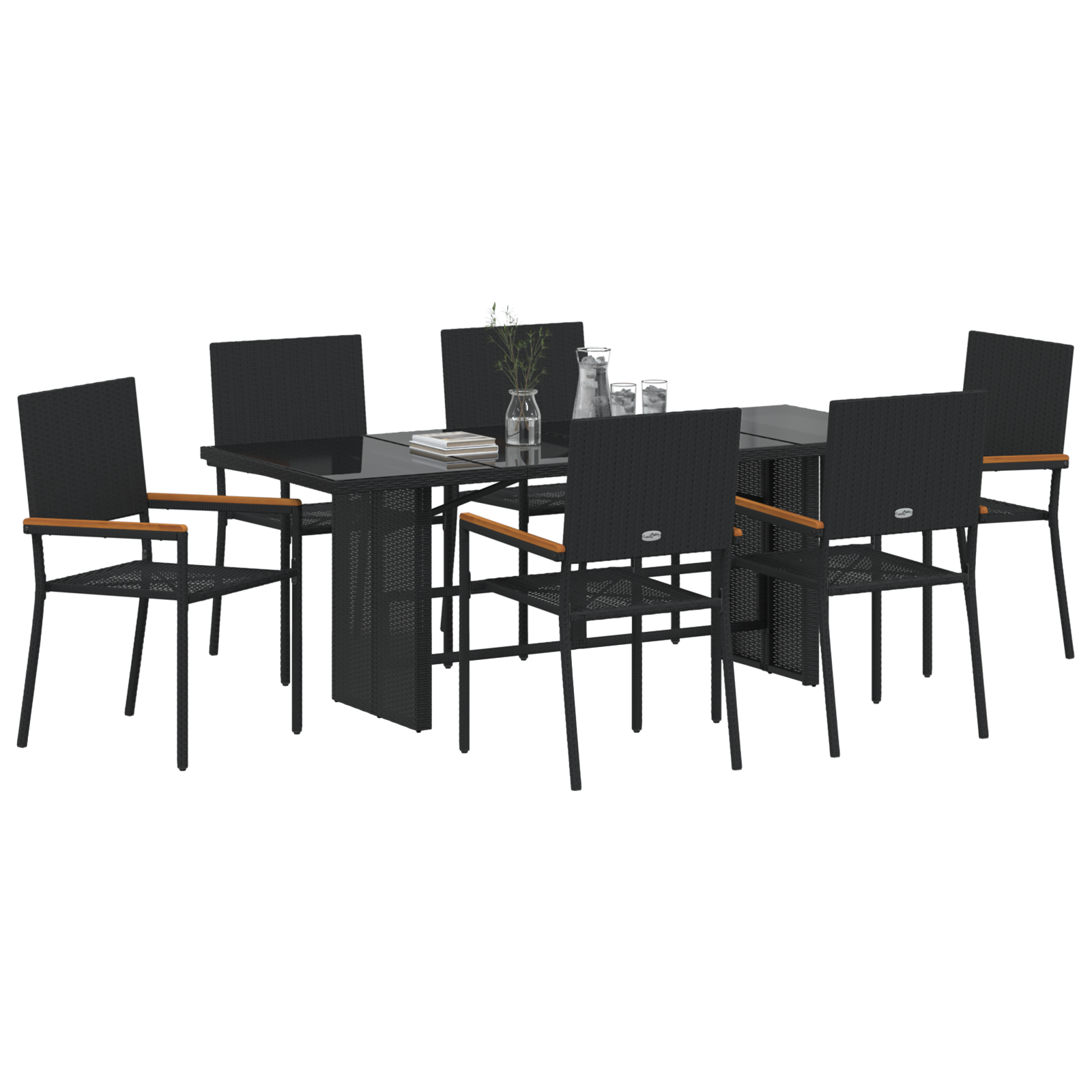 Set Dining Grădină  cu 7 Piese Negru Poliratan, Scaune Grădină Stivuibile  cu Perne - Set 2 Piese Poliratan Negru GartenMobel Dekor