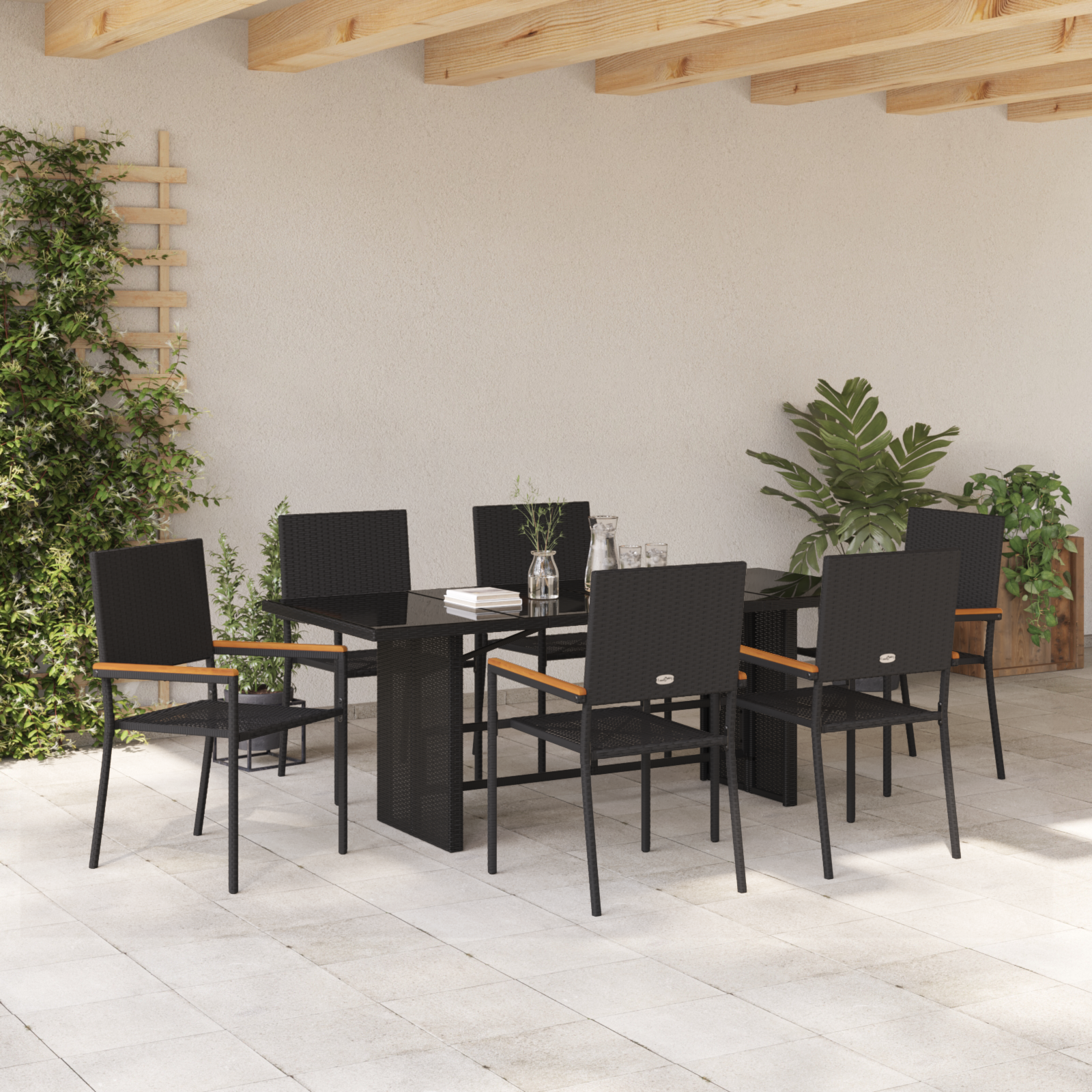 Set Dining Grădină  cu 7 Piese Negru Poliratan, Scaune Grădină Stivuibile  cu Perne - Set 2 Piese Poliratan Negru GartenMobel Dekor