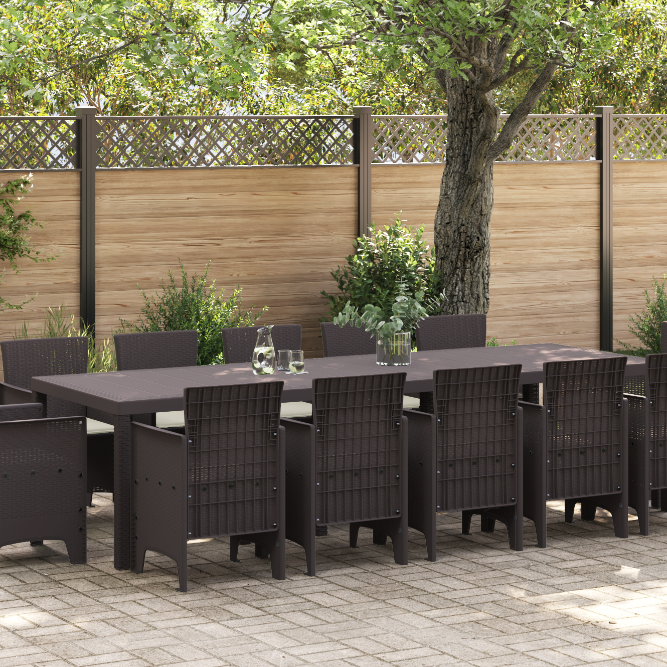 Set de dining pentru grădină  de 13 bucăți cu perne maro Poliratan, Masă de grădină  maro 150x100x73 cm Poliratan, Scaune de grădină  cu perne 4 bucăți maro Poliratan GartenMobel Dekor