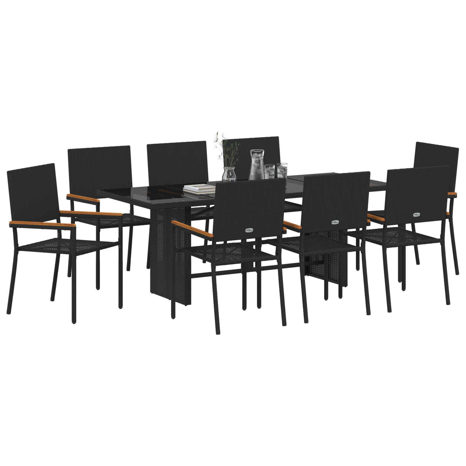 Set de dining pentru grădină  de 9 piese Negru RatanSintetic, Scaune de grădină  stivuibile cu perne - Set de 2 piese în negru ratan sintetic GartenMobel Dekor