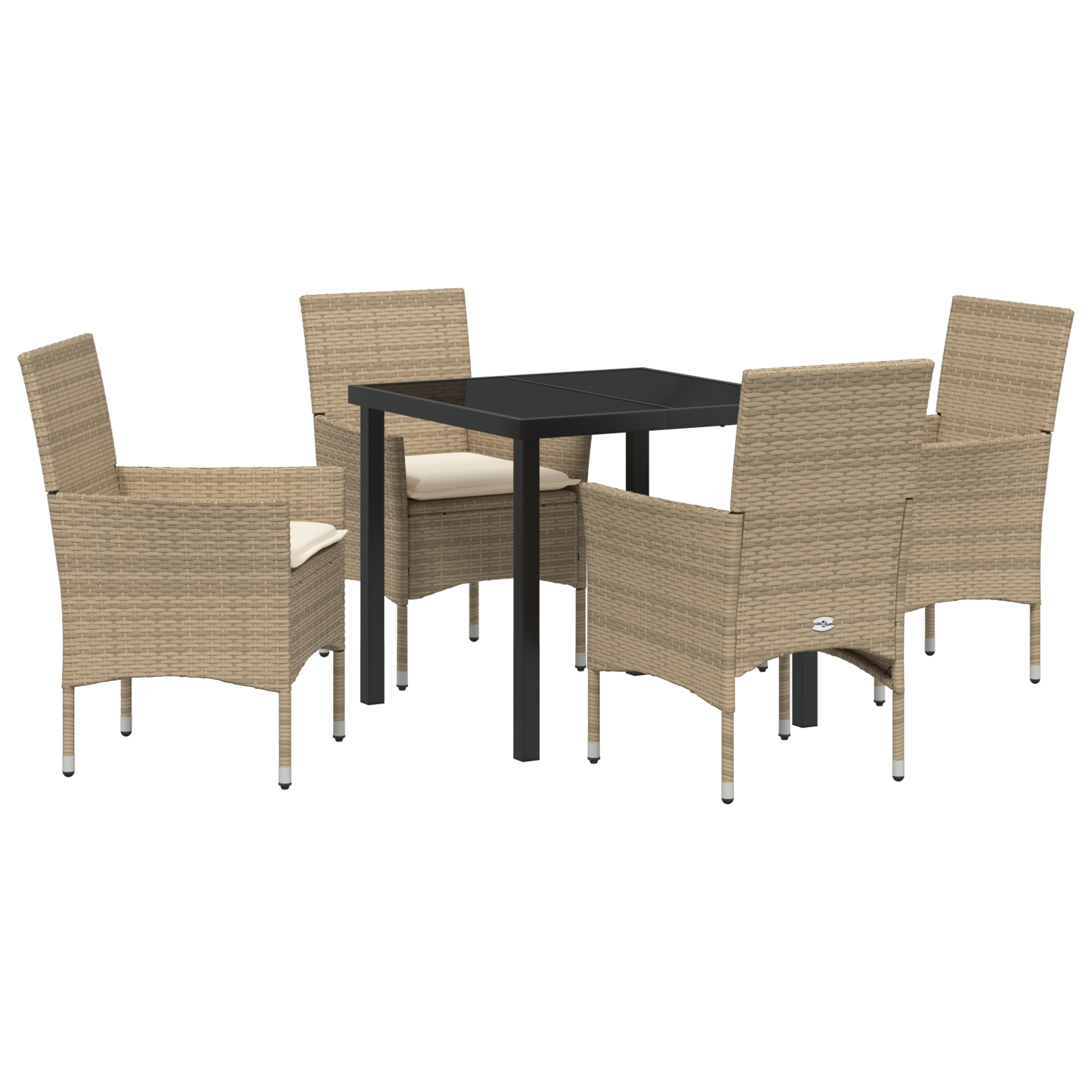 Set de Dining Grădină  5 Piese cu Perne Bej din Ratan Poliester, Masă Grădină  Neagră 80x80x73 cm din Sticlă Temperată GartenMobel Dekor