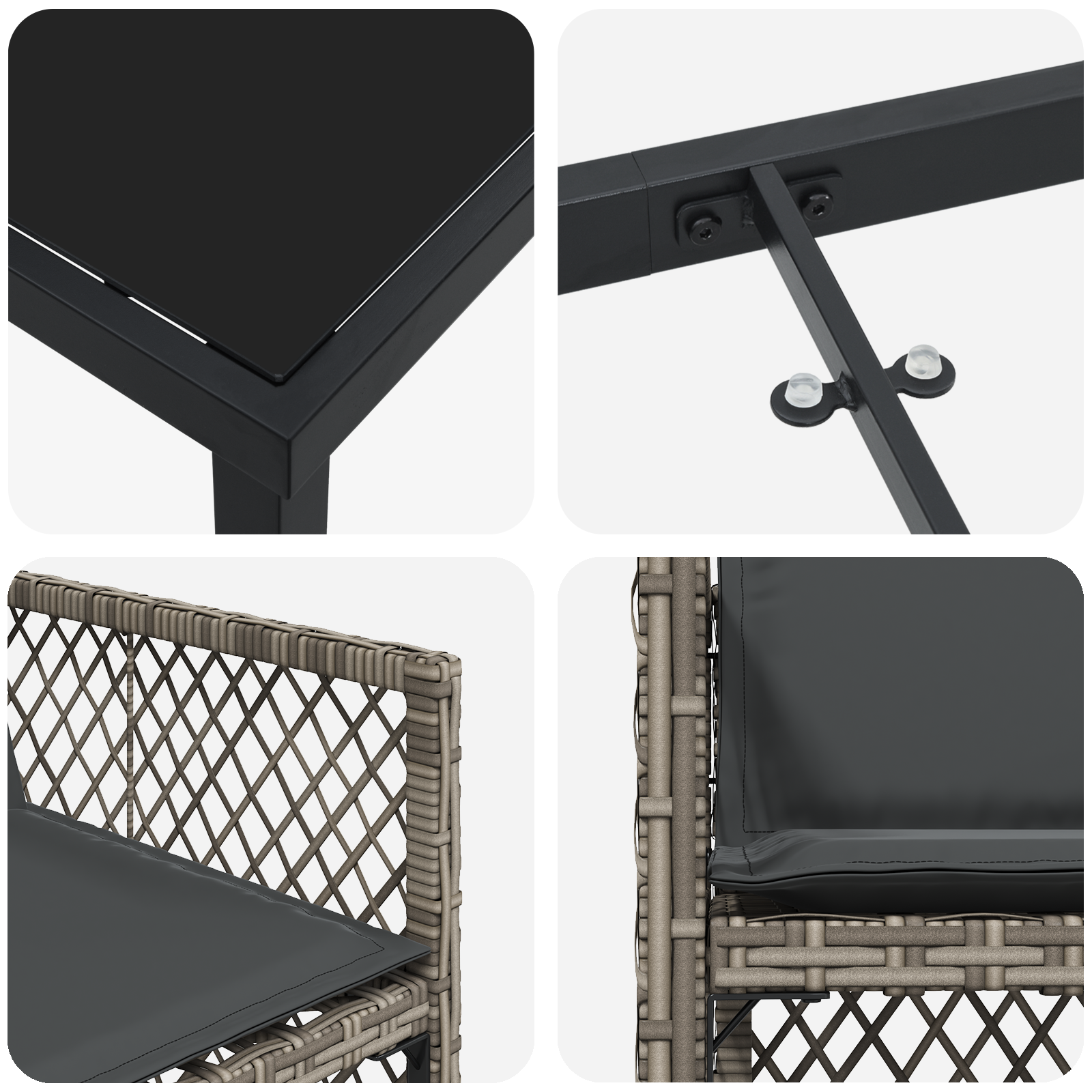 Set de Masă pentru Grădină  cu 5 Piese și Perne Gri din Ratan Poli, Masă de Grădină  Neagră 140x80x73 cm din Sticlă Temperată GartenMobel Dekor