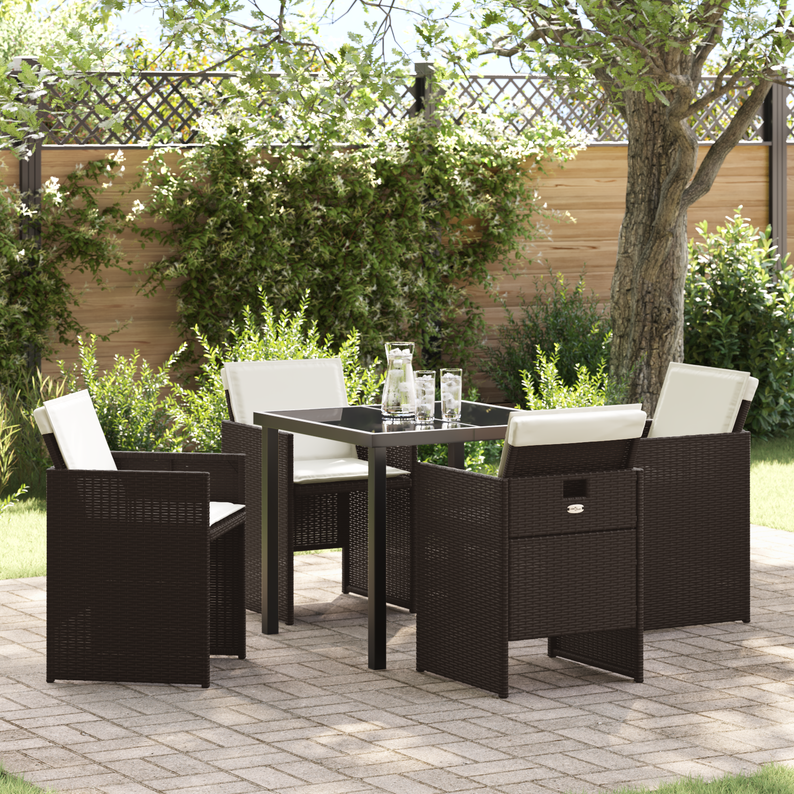 Set de dining pentru grădină  5 piese cu perne maro poli-ratan, Masă de grădină  neagră 80x80x73 cm sticlă securizată GartenMobel Dekor