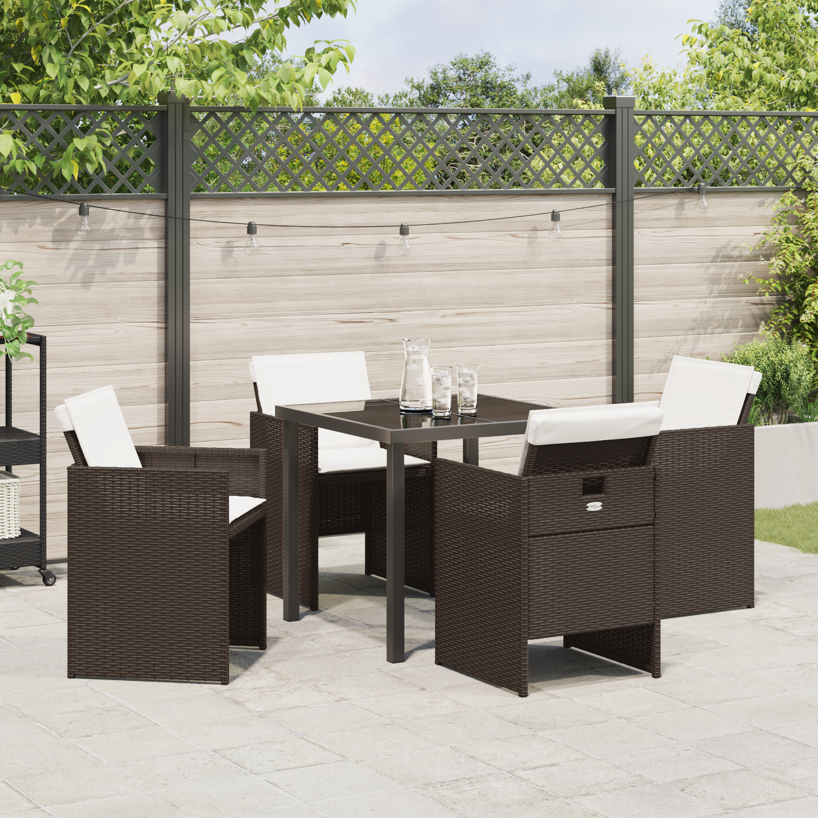 Set de dining pentru grădină  5 piese cu perne maro poli-ratan, Masă de grădină  neagră 80x80x73 cm sticlă securizată GartenMobel Dekor