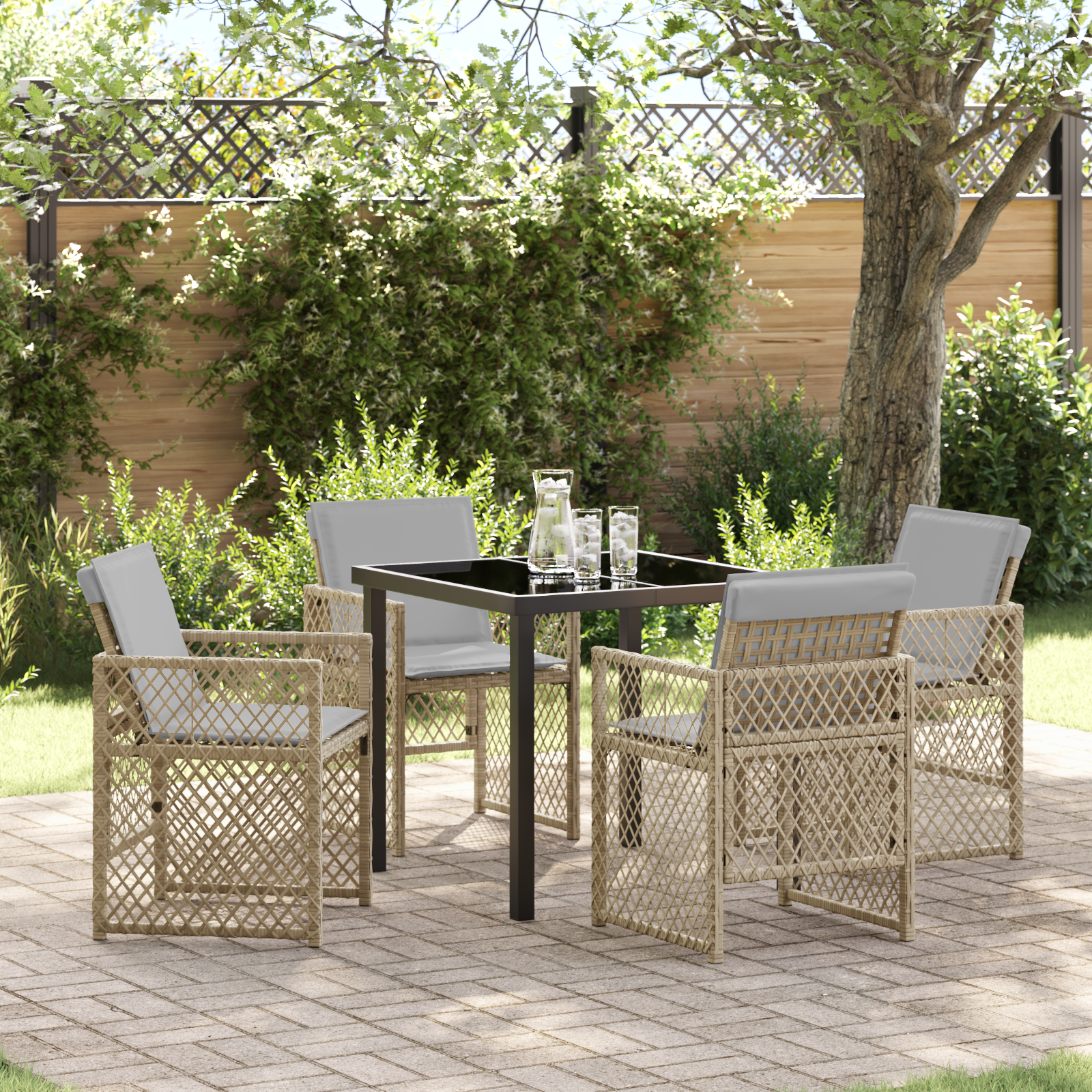 Set de dining pentru grădină  cu 5 piese și perne din ratan bej, Masă de grădină  neagră 80x80x73 cm cu sticlă temperată GartenMobel Dekor