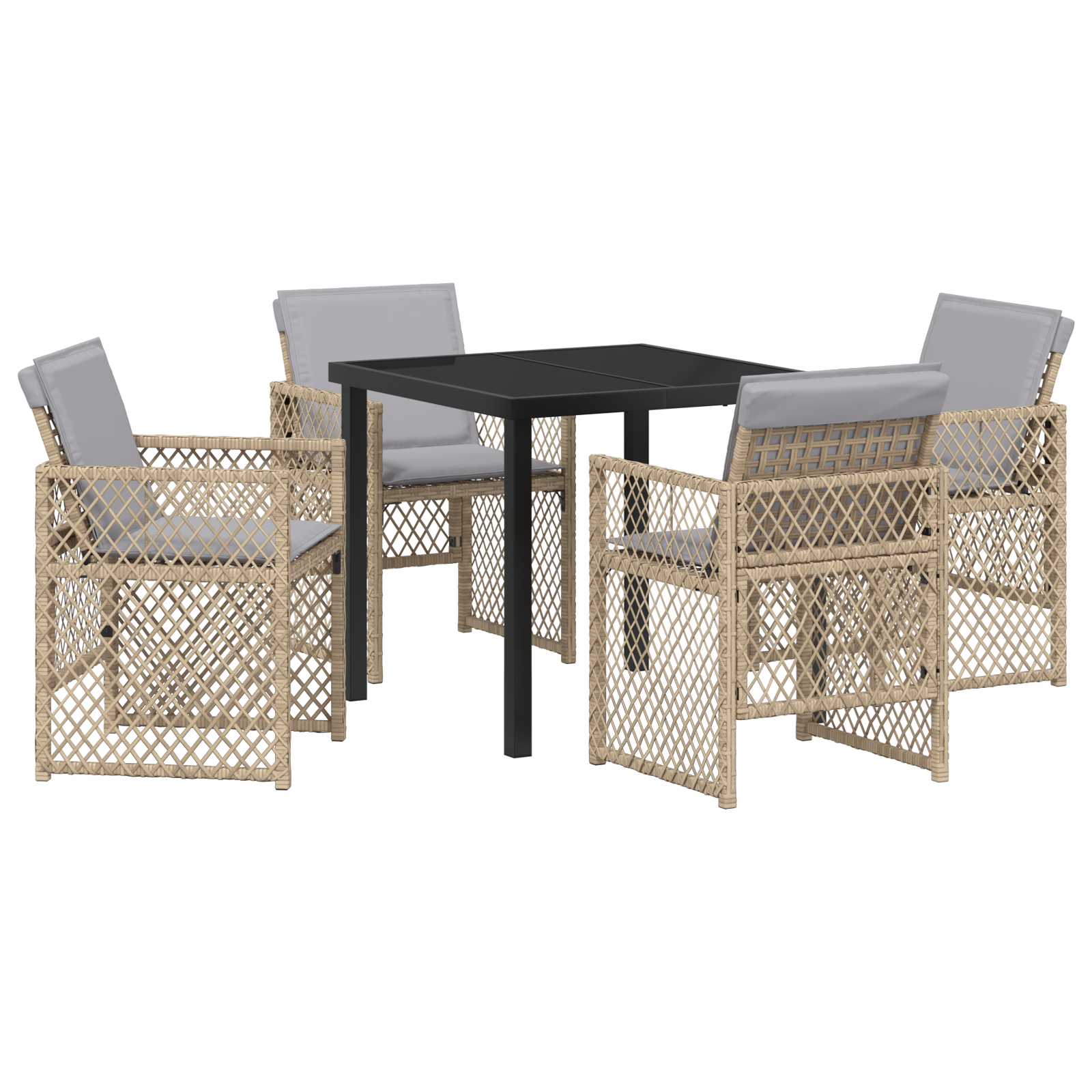 Set de dining pentru grădină  cu 5 piese și perne din ratan bej, Masă de grădină  neagră 80x80x73 cm cu sticlă temperată GartenMobel Dekor