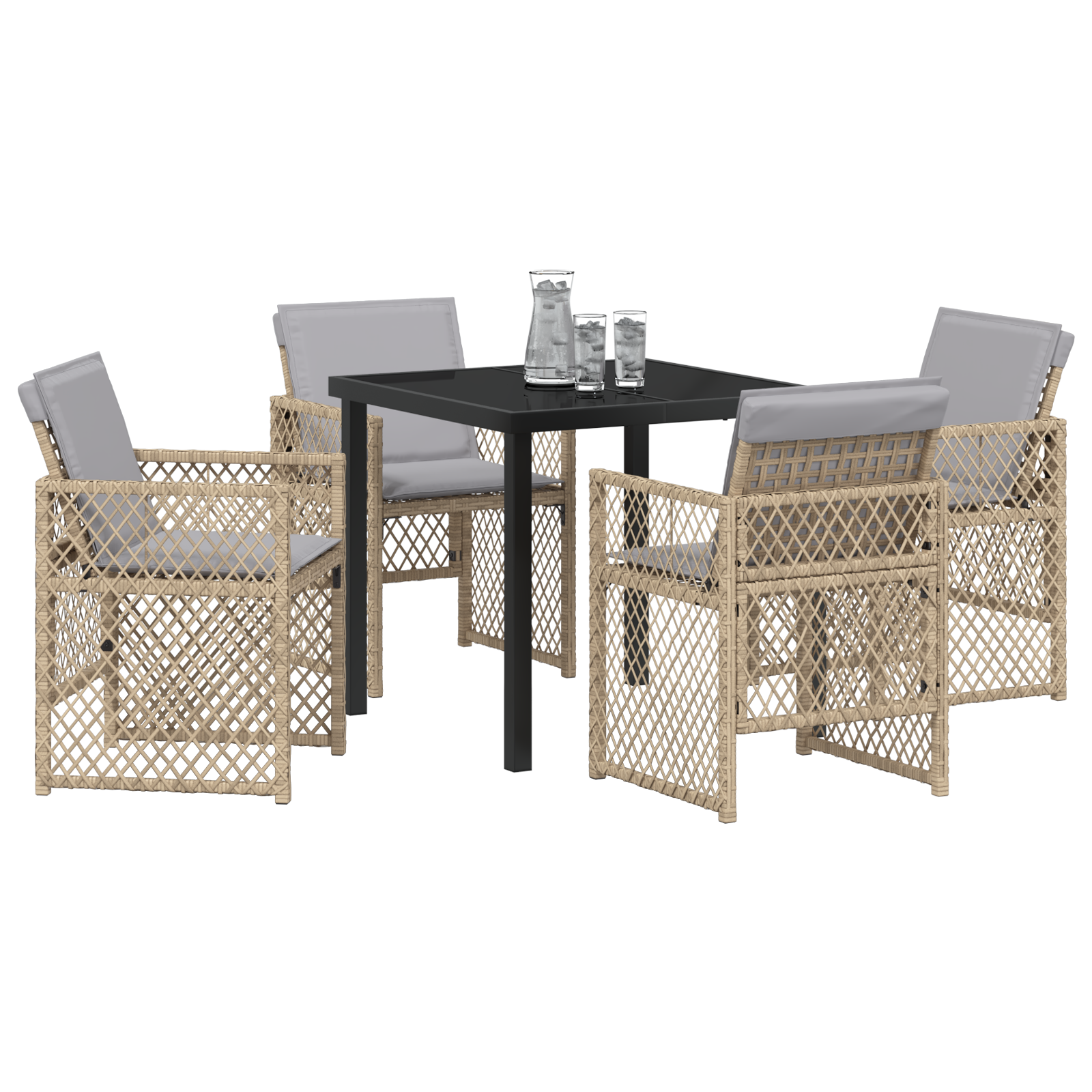 Set de dining pentru grădină  cu 5 piese și perne din ratan bej, Masă de grădină  neagră 80x80x73 cm cu sticlă temperată GartenMobel Dekor
