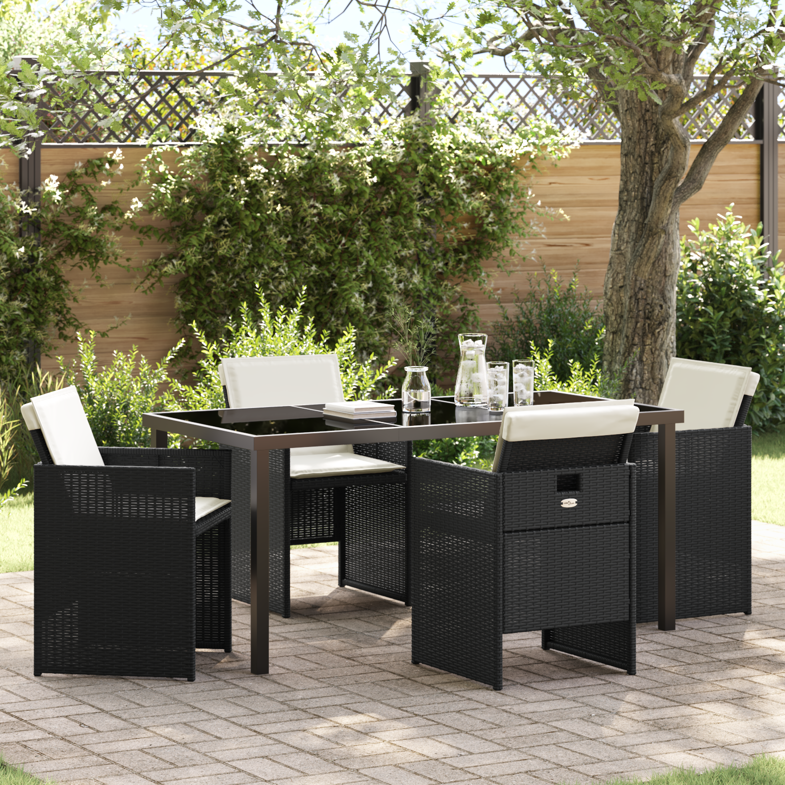 Set de dining pentru grădină de 5 piese cu perne Negru Ratan Poly, Masă de grădină Neagră 160x80x73 cm Sticlă Temperată GartenMobel Dekor