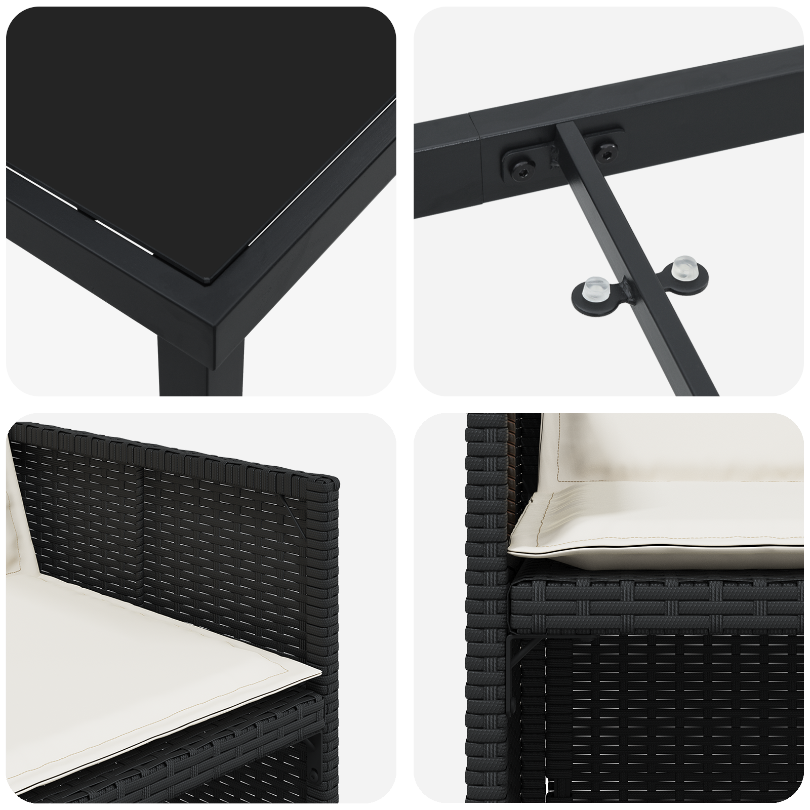 Set de dining pentru grădină de 5 piese cu perne Negru Ratan Poly, Masă de grădină Neagră 160x80x73 cm Sticlă Temperată GartenMobel Dekor