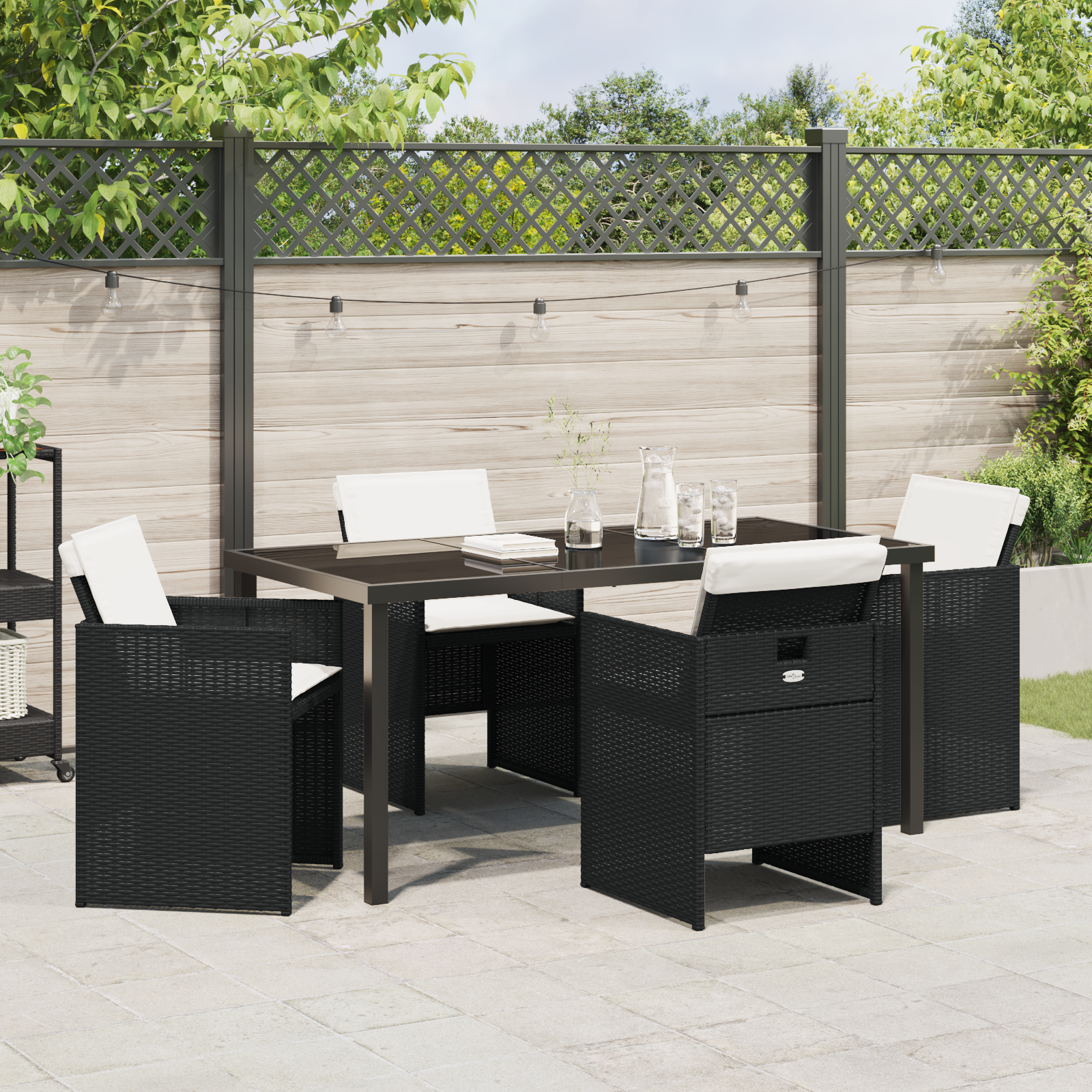 Set de dining pentru grădină de 5 piese cu perne Negru Ratan Poly, Masă de grădină Neagră 160x80x73 cm Sticlă Temperată GartenMobel Dekor