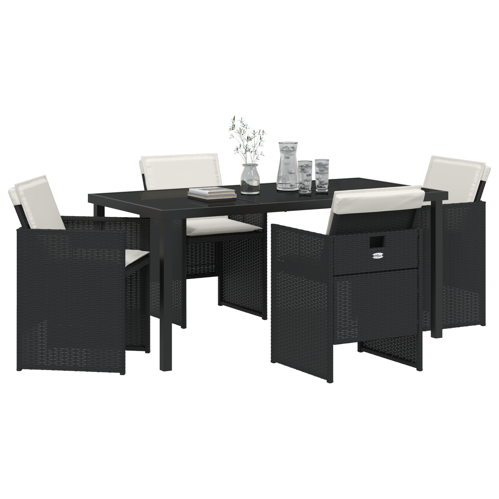 Set de dining pentru grădină de 5 piese cu perne Negru Ratan Poly, Masă de grădină Neagră 160x80x73 cm Sticlă Temperată GartenMobel Dekor
