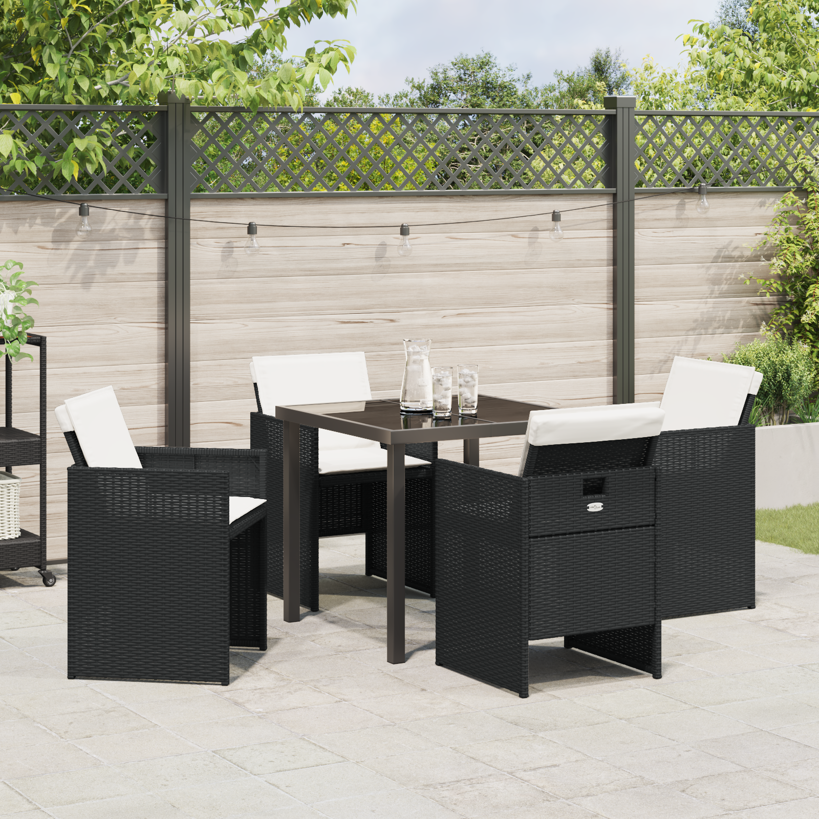 Set de dining pentru grădină pliant cu perne  5 piese Negru Poli Ratan, Masă de grădină  Neagră 80x80x73 cm din sticlă securizată GartenMobel Dekor