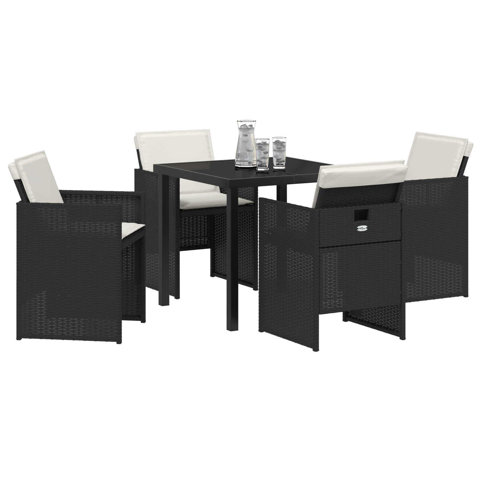 Set de dining pentru grădină pliant cu perne  5 piese Negru Poli Ratan, Masă de grădină  Neagră 80x80x73 cm din sticlă securizată GartenMobel Dekor