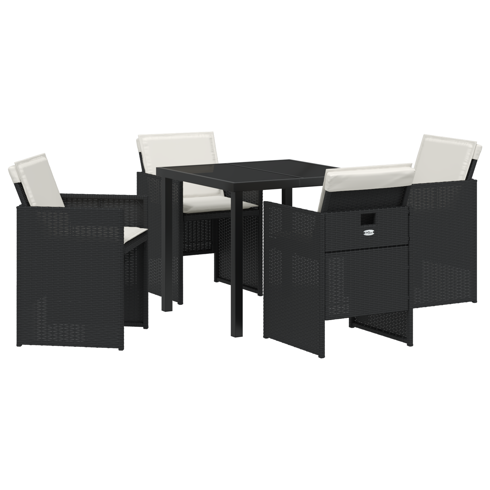 Set de dining pentru grădină pliant cu perne  5 piese Negru Poli Ratan, Masă de grădină  Neagră 80x80x73 cm din sticlă securizată GartenMobel Dekor