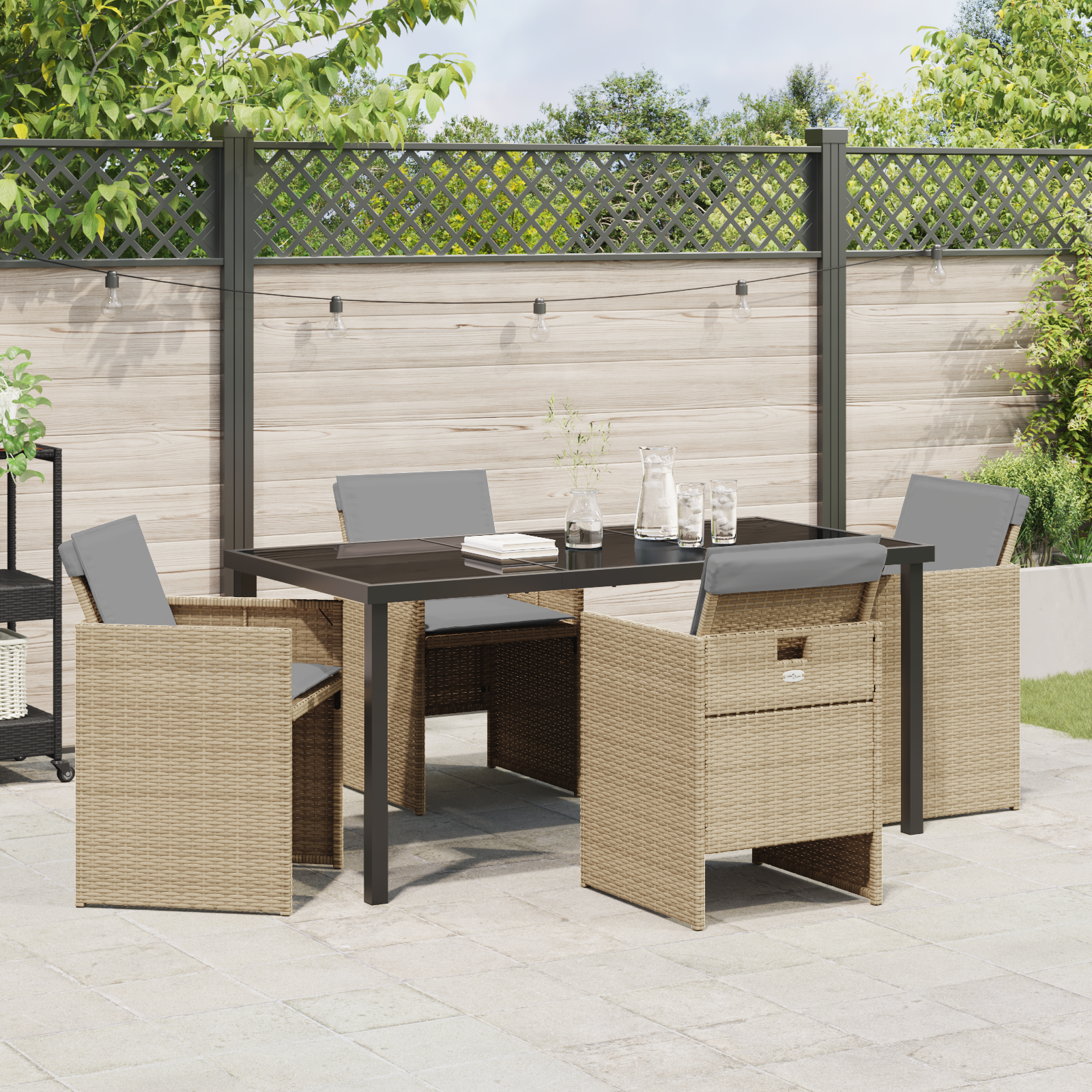 Set dining 5 Piese cu Pernuțe Bej Ratan Polimeric, Masă grădină  Negru 160x80x73 cm Sticlă Temperată GartenMobel Dekor