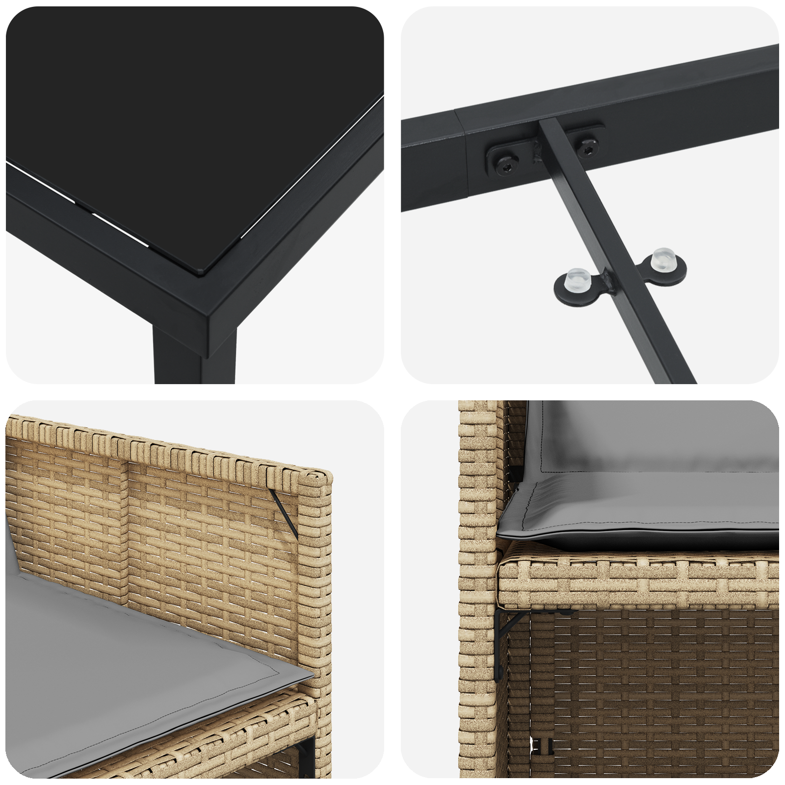 Set dining 5 Piese cu Pernuțe Bej Ratan Polimeric, Masă grădină  Negru 160x80x73 cm Sticlă Temperată GartenMobel Dekor