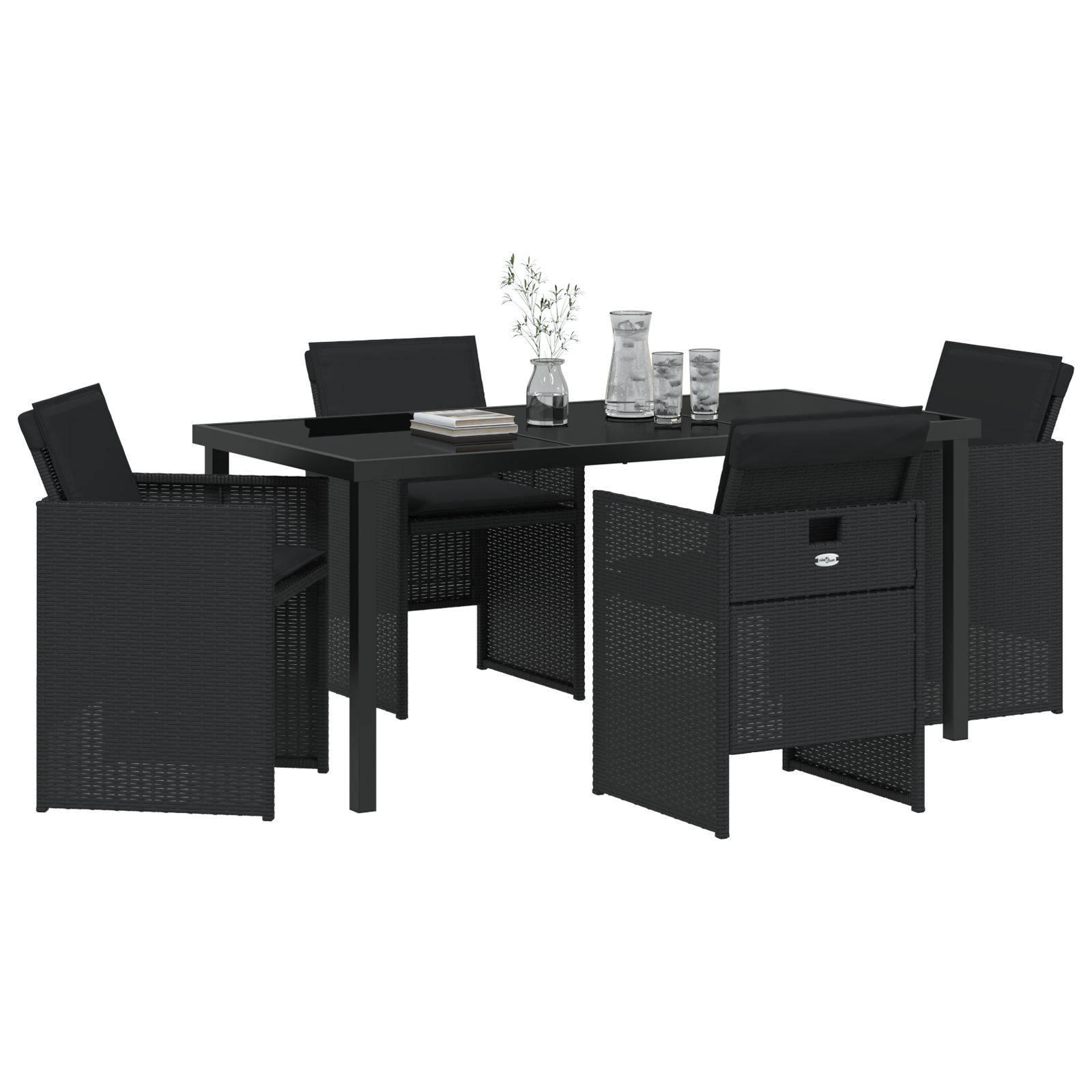 Set mese grădină  5 piese cu perne, negru, poliratan, Masă grădină , negru, 160x80x73 cm, sticlă securizată GartenMobel Dekor