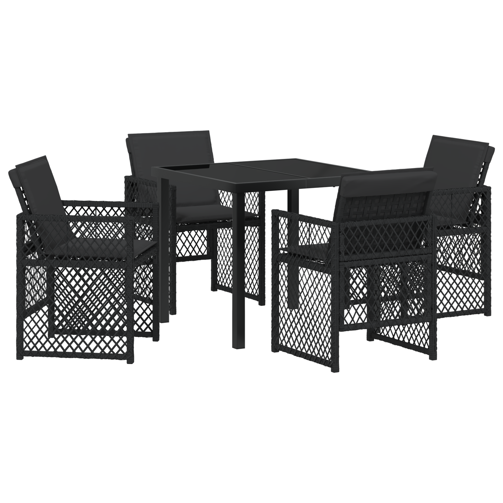 Set mese grădină  5 piese cu perne negru din poli ratan, Masă grădină  neagră 80x80x73 cm din sticlă securizată GartenMobel Dekor