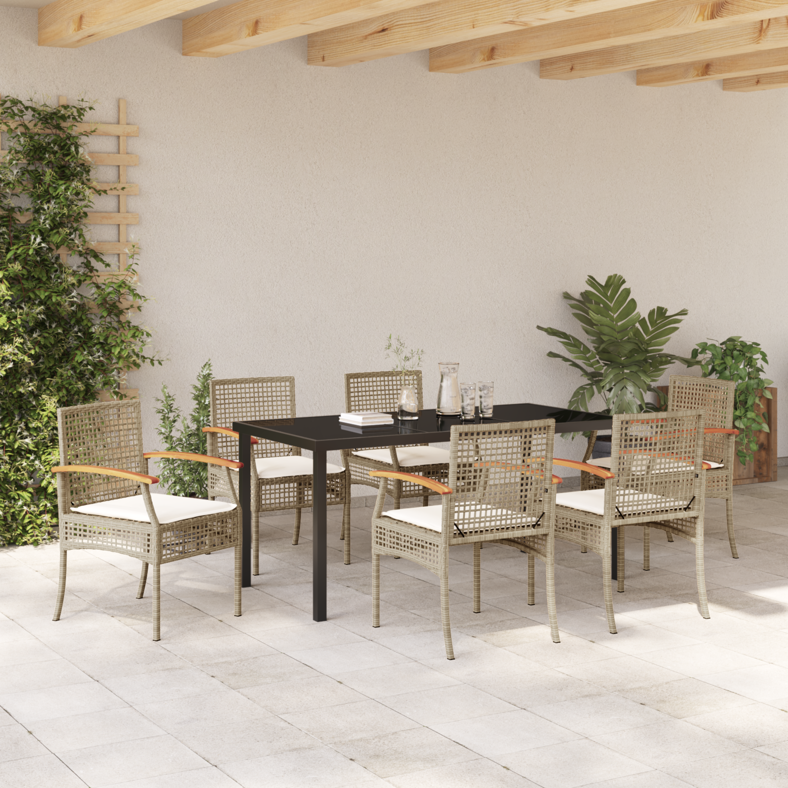 Set de dining pentru grădină cu perne Bej Ratan Poliester GartenMobel Dekor