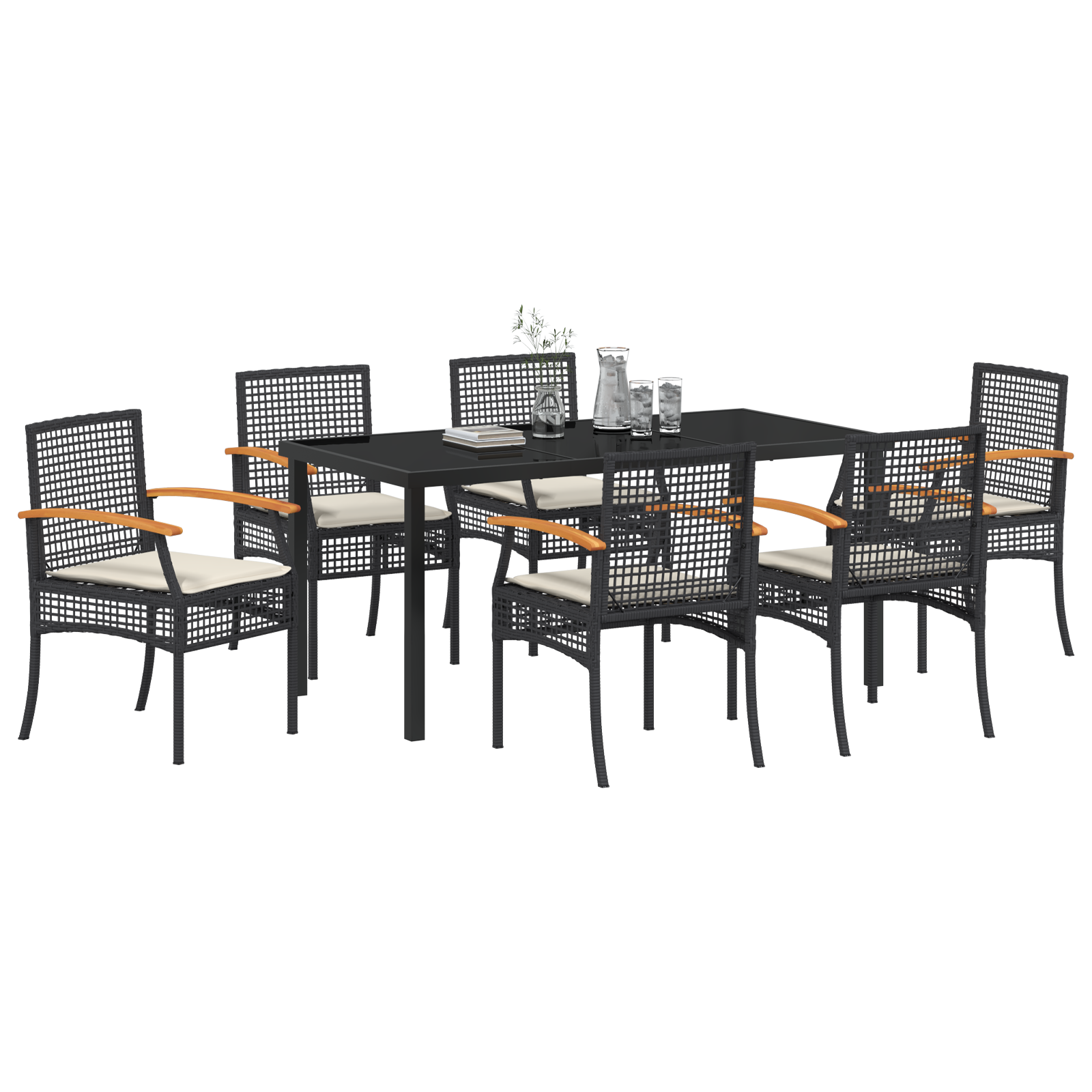 Set de masă pentru grădină 7 piese cu perne Negru Poliratan GartenMobel Dekor