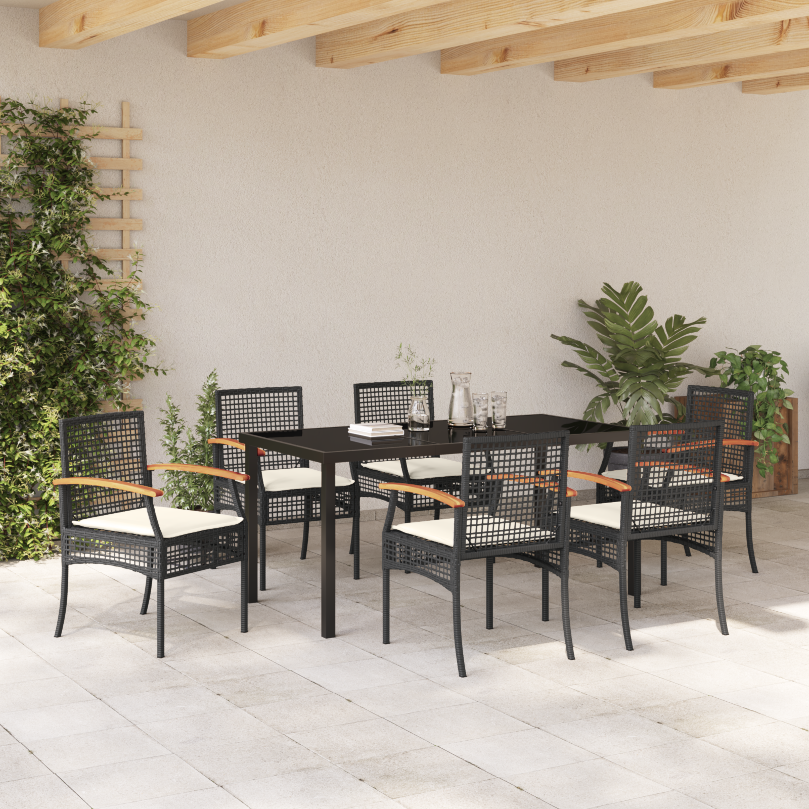 Set de masă pentru grădină 7 piese cu perne Negru Poliratan GartenMobel Dekor