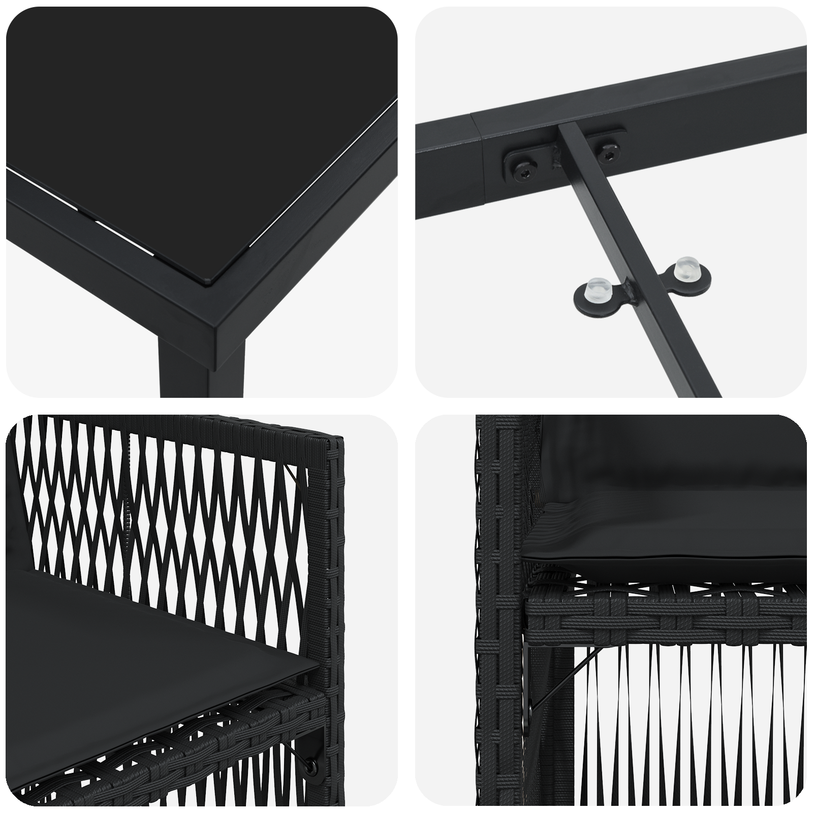 Set Dining Grădină  5 Piese, Negru, Ratan Poli,, Masă Grădină  Neagră 80x80x73 cm, Sticlă întărită GartenMobel Dekor