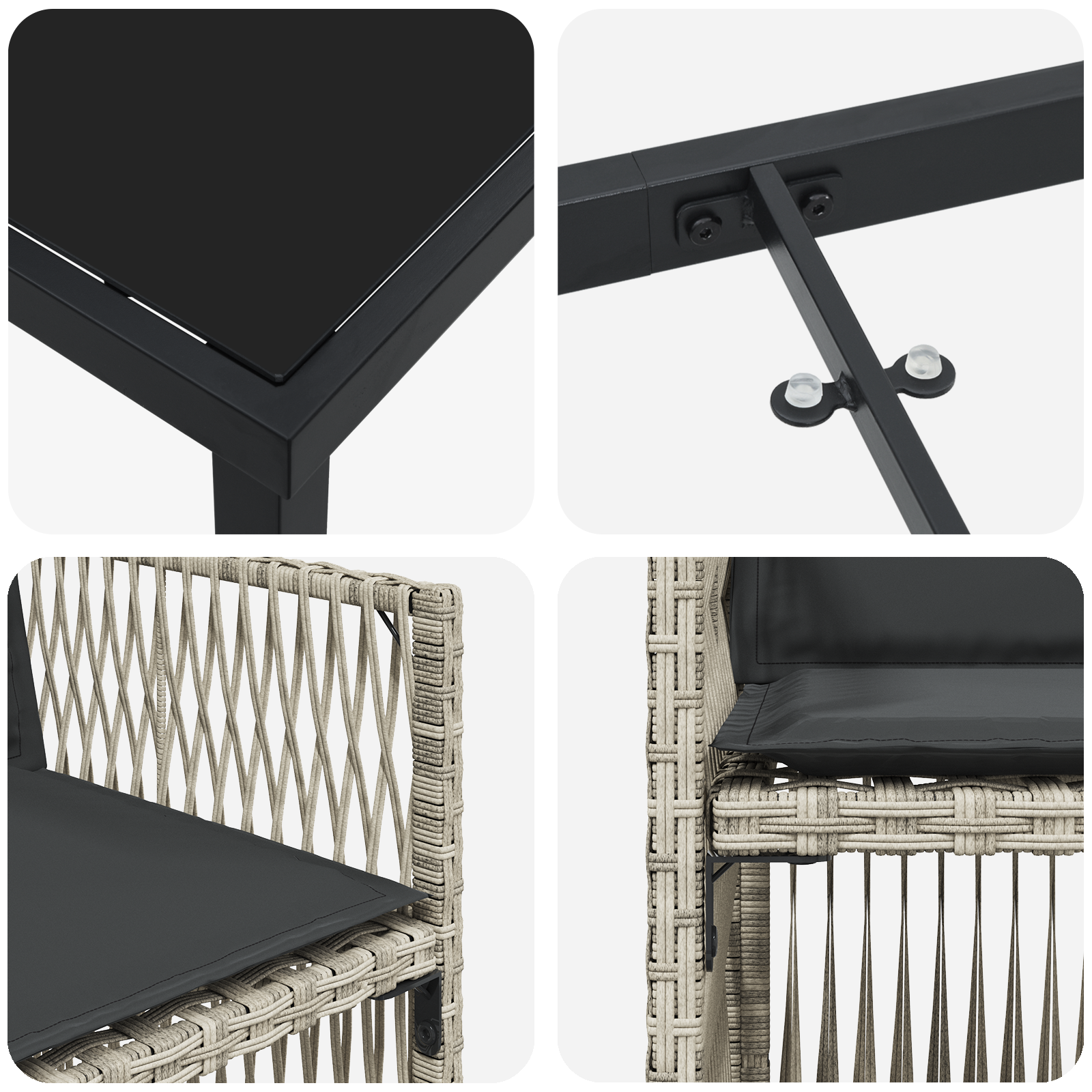 Set de masă de grădină  cu 5 piese și perne gri deschis din ratan polimerizat, Masă de grădină  neagră 160x80x73 cm cu sticlă securizată GartenMobel Dekor