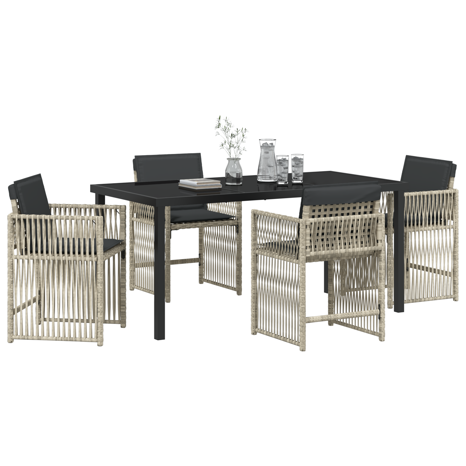 Set de masă de grădină  cu 5 piese și perne gri deschis din ratan polimerizat, Masă de grădină  neagră 160x80x73 cm cu sticlă securizată GartenMobel Dekor