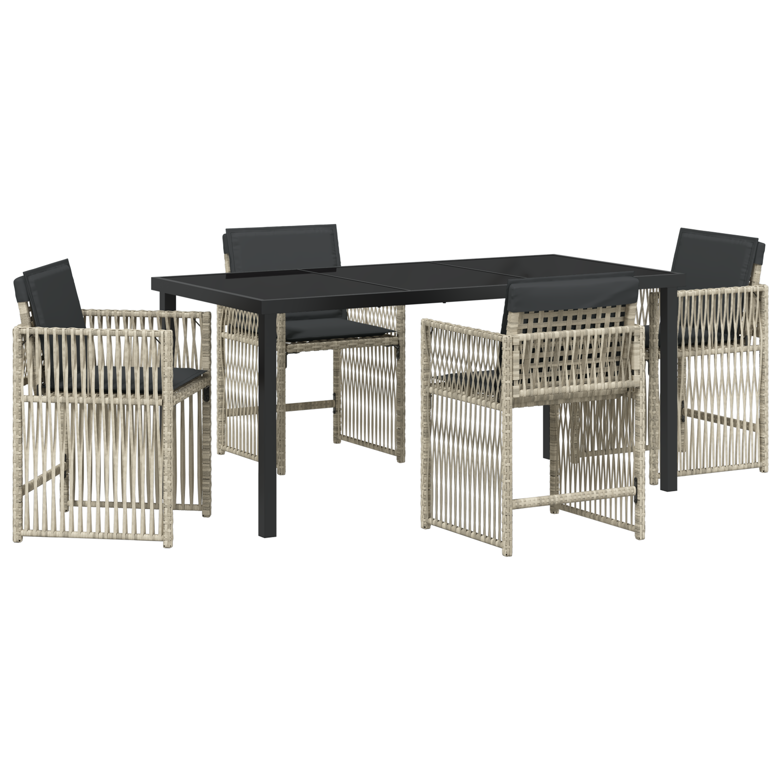Set de masă de grădină  cu 5 piese și perne gri deschis din ratan polimerizat, Masă de grădină  neagră 160x80x73 cm cu sticlă securizată GartenMobel Dekor
