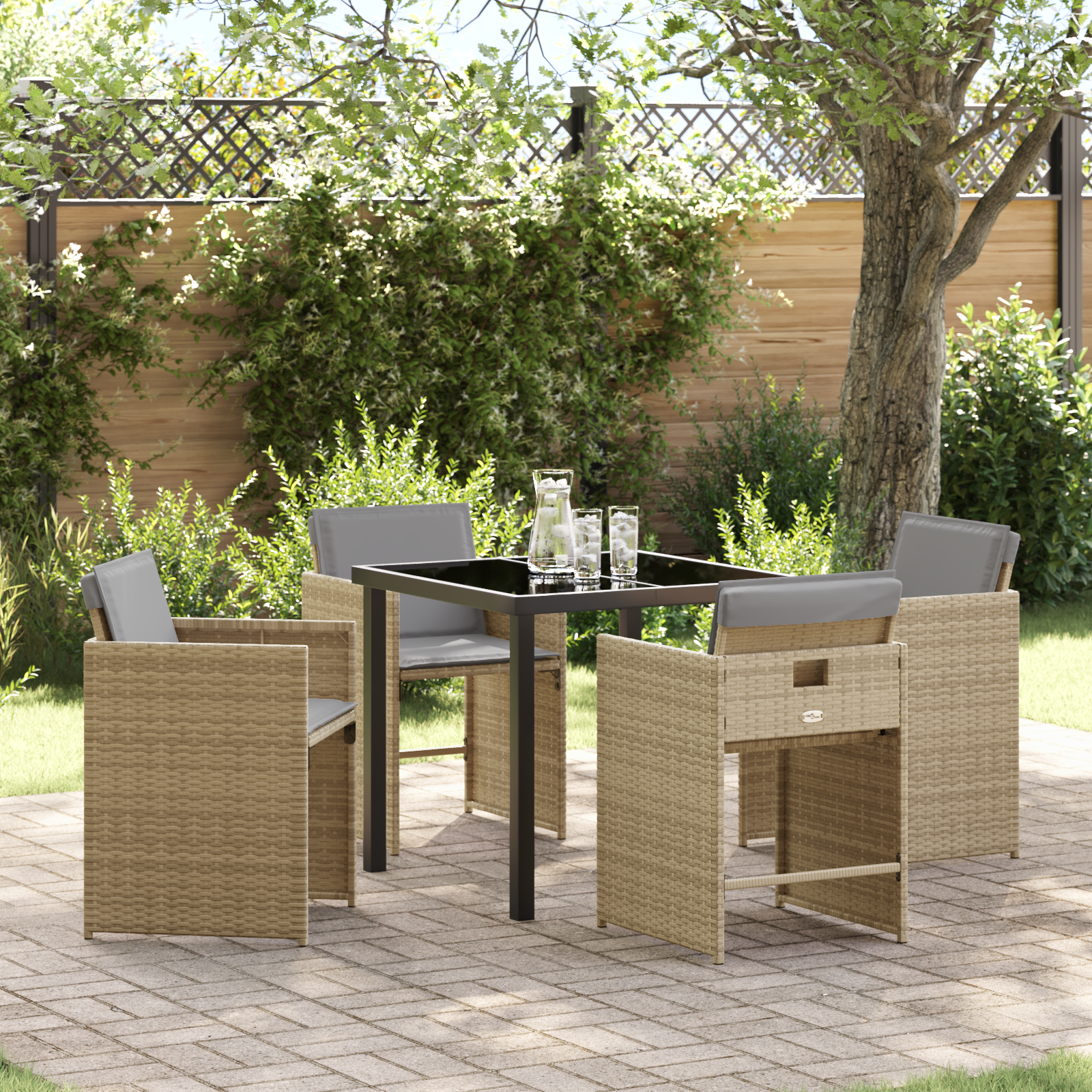 Set dining 5 piese grădină  cu perne bej din ratan poli, Masă grădină  neagră 80x80x73 cm din sticlă temperată GartenMobel Dekor